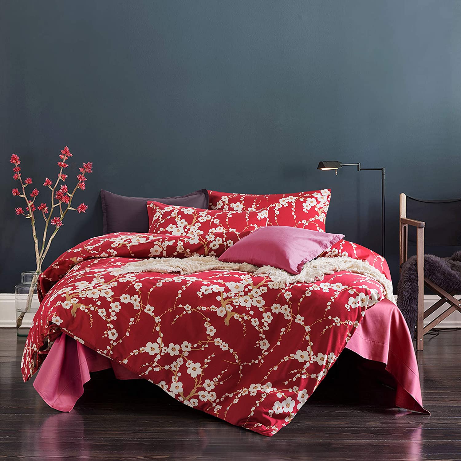Price:$119.80  Oriental Style Cherry Red Blossom Floral branches Print Duvet Quilt Cover 300tc Cotton Bedding 3 piece Set (King) : Home & Kitchen