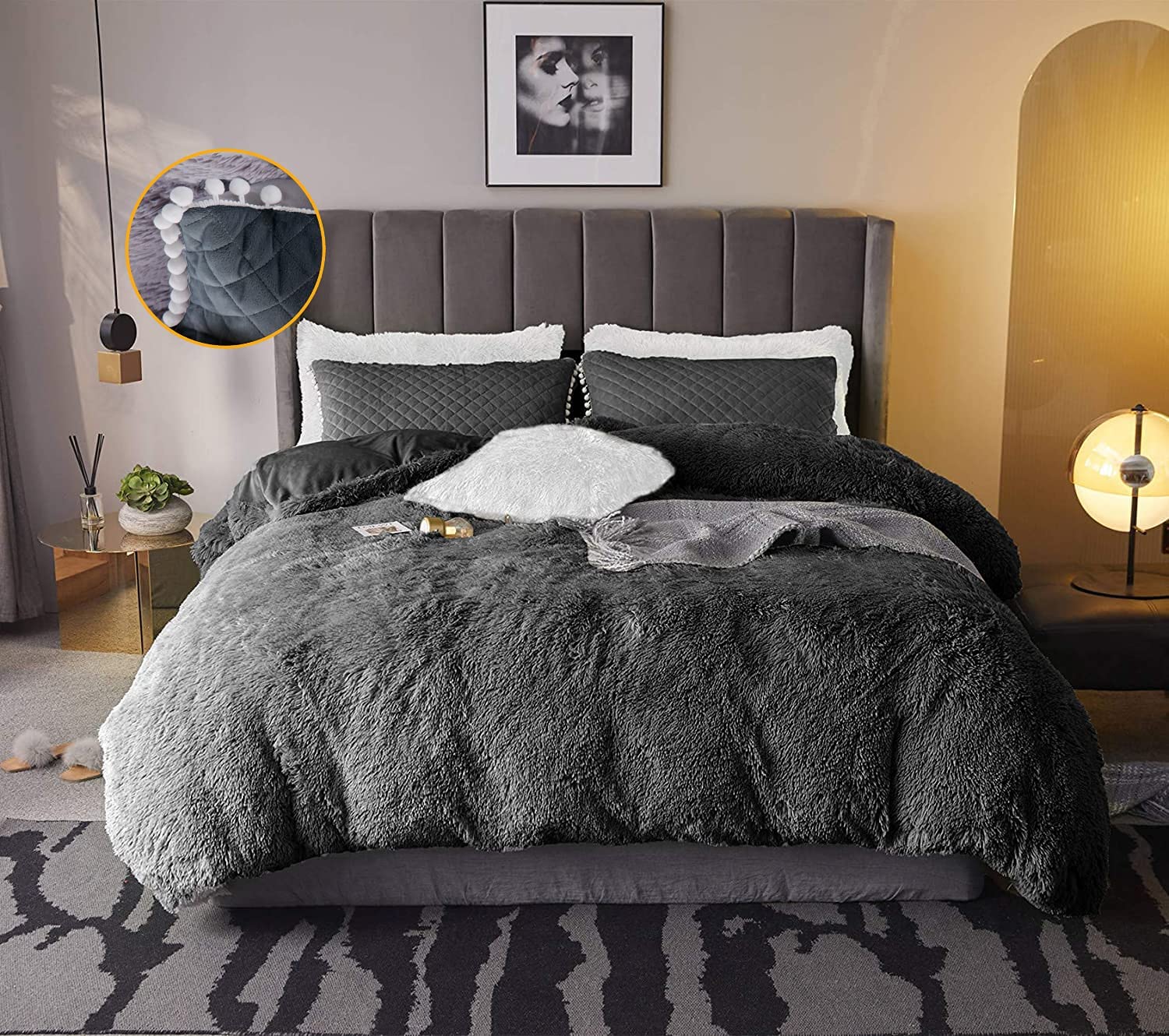 Price:$72.99  3pc Plush Shaggy Duvet Cover Faux Fur Fluffy Comforter Bed Sets Ultra Soft Velvet Bedding Sets (1 Faux Fur Duvet Cover + 2 Pompoms Fringe Pillowcases) Zipper Closure Dark Grey, Queen : Everything Else