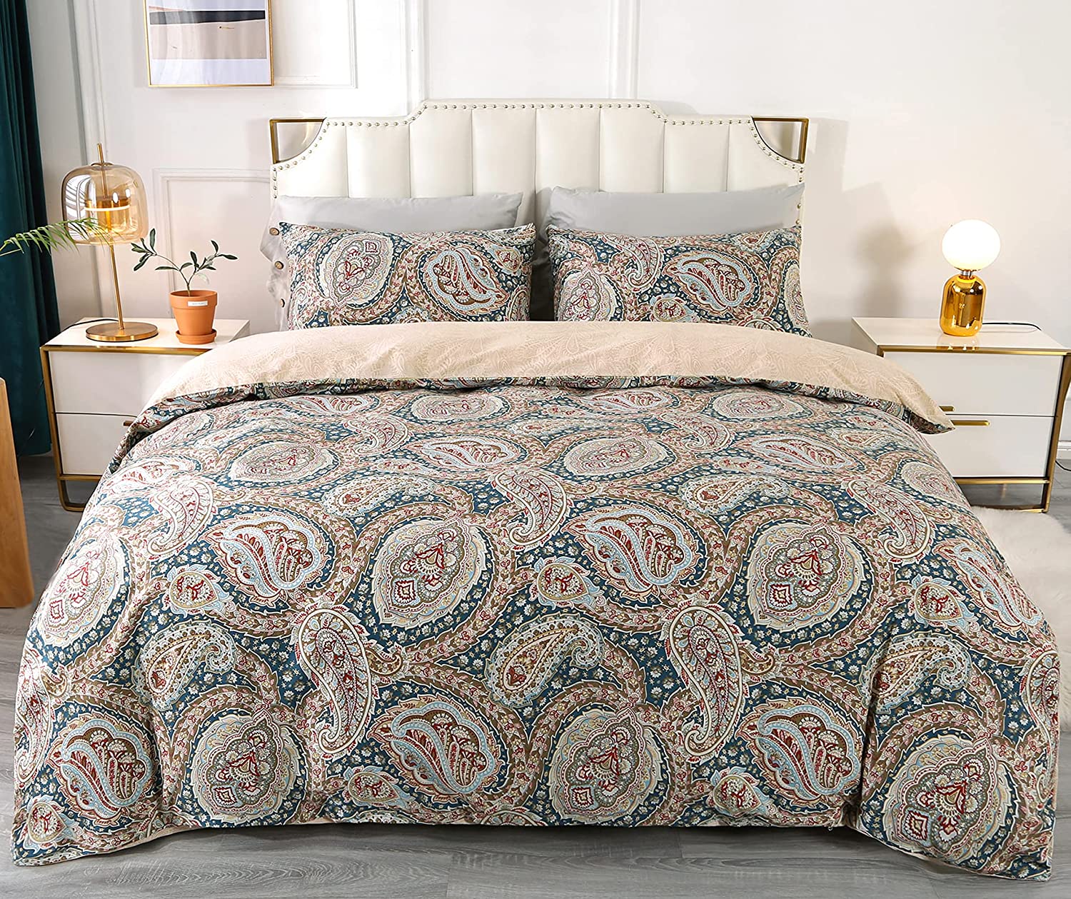 Price:$44.99  Luxury European Damask Duvet Cover Set 3 Pieces 100% Cotton Reversible Print Baroque Soft Breathable Bedding Sets with Zipper (King, Blue Paisley) : Home & Kitchen