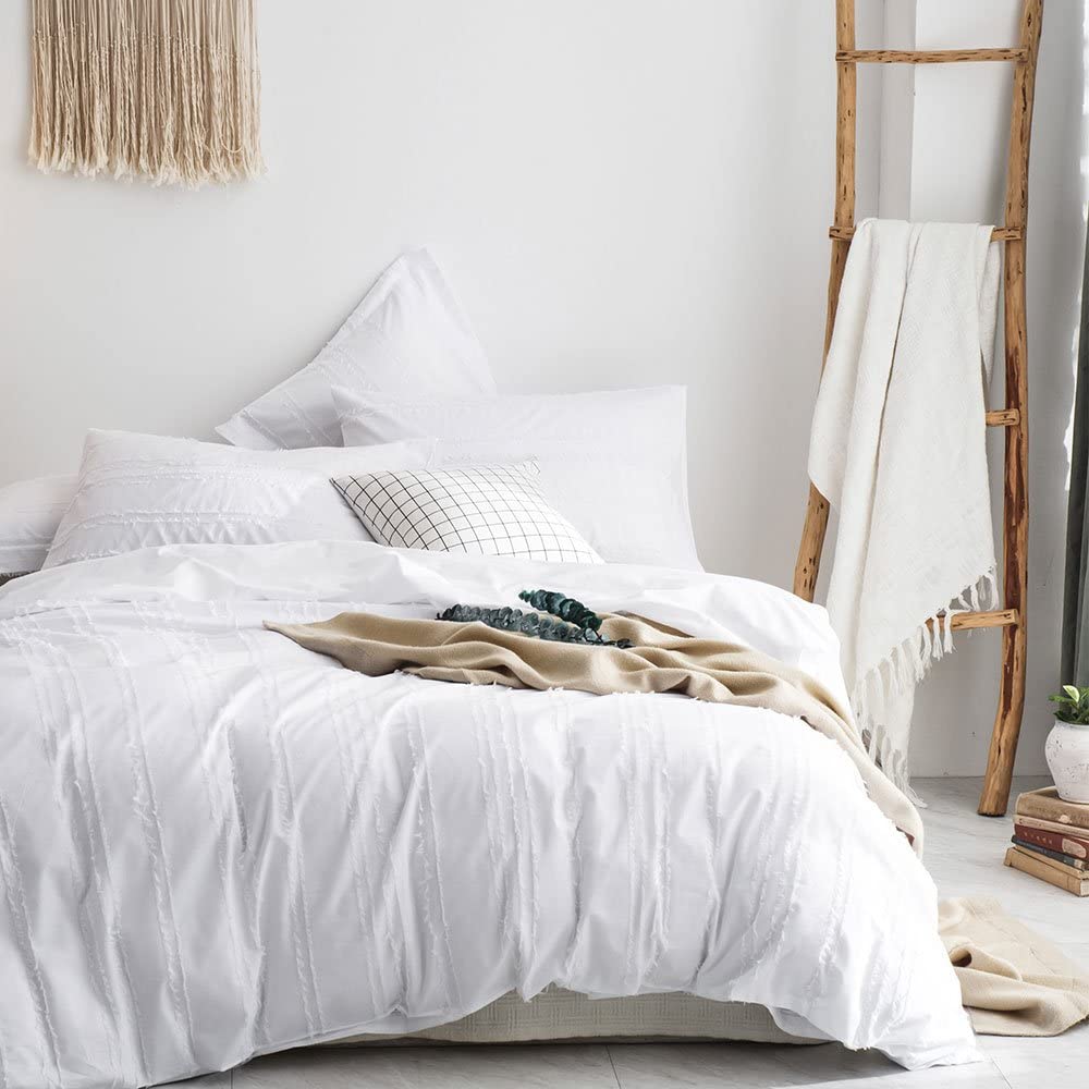 Price:$69.99  Duvet Cover Set,100% Cotton Woven Textured Stripe Duvet Cover with Pillowshams,3 Pieces Bedding Set-White Stripe Full/Queen : Home & Kitchen