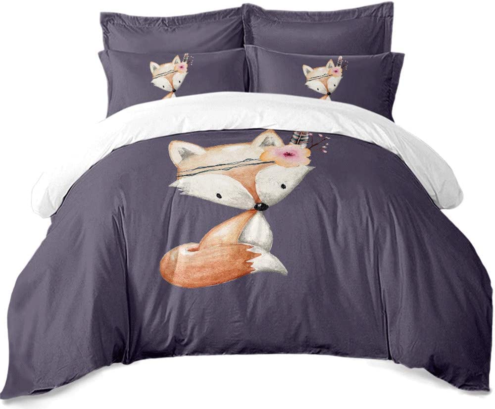 Price:$79.95  Cartoon Fox Bedding Set Cute Fox with Flower Feather Headband Duvet Cover Twin Full Queen King Size,3 Pcs Duvet Cover Pillowcase Sheets Childs Bed Sets Gift for Bedroom : Home & Kitchen
