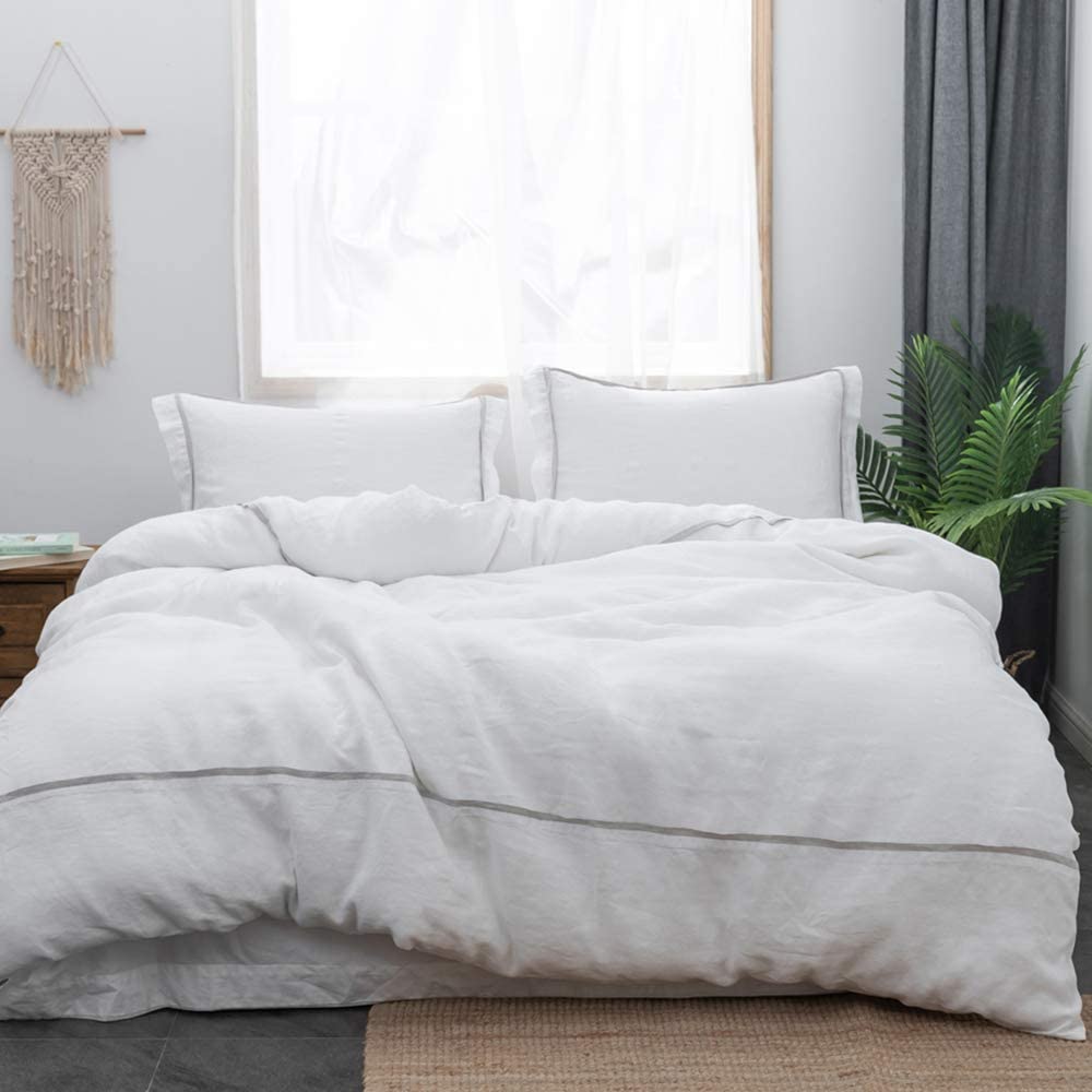 Price:$139.90  King Size Duvet Cover-100% French Washed Linen-3 Pieces Soft Flax Bedding with Striped Detail,1 Comforter Cover with Button Closure and 2 Pillow Shams(White,104" x 92") : Home & Kitchen