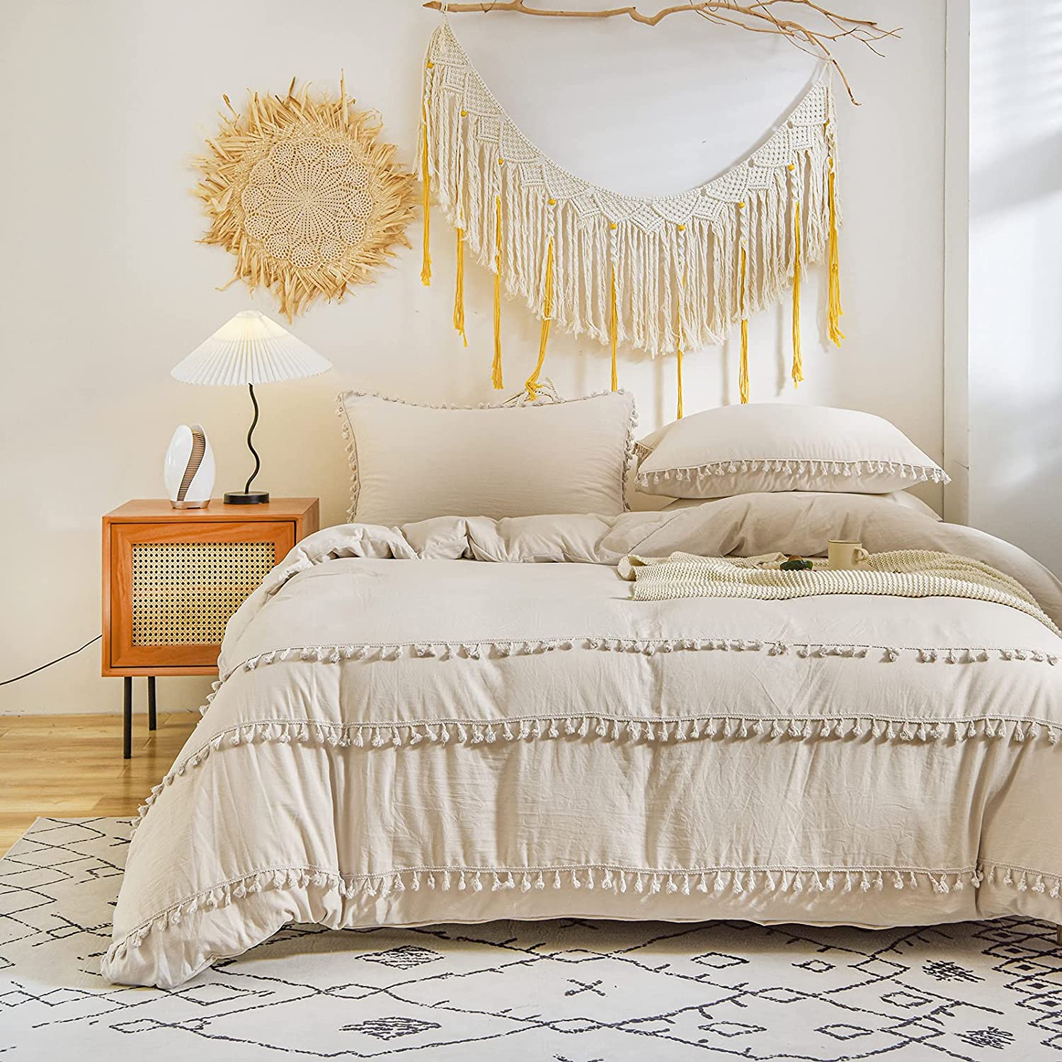 Price:$49.99  Beige Duvet Cover Set Tufted Tassel Bedding Set Solid Color Ivory Tassel Fringe Boho Chic Comforter Cover Set King 1 Duvet Cover 2 Pillowcases (Beige Grey, King) : Home & Kitchen