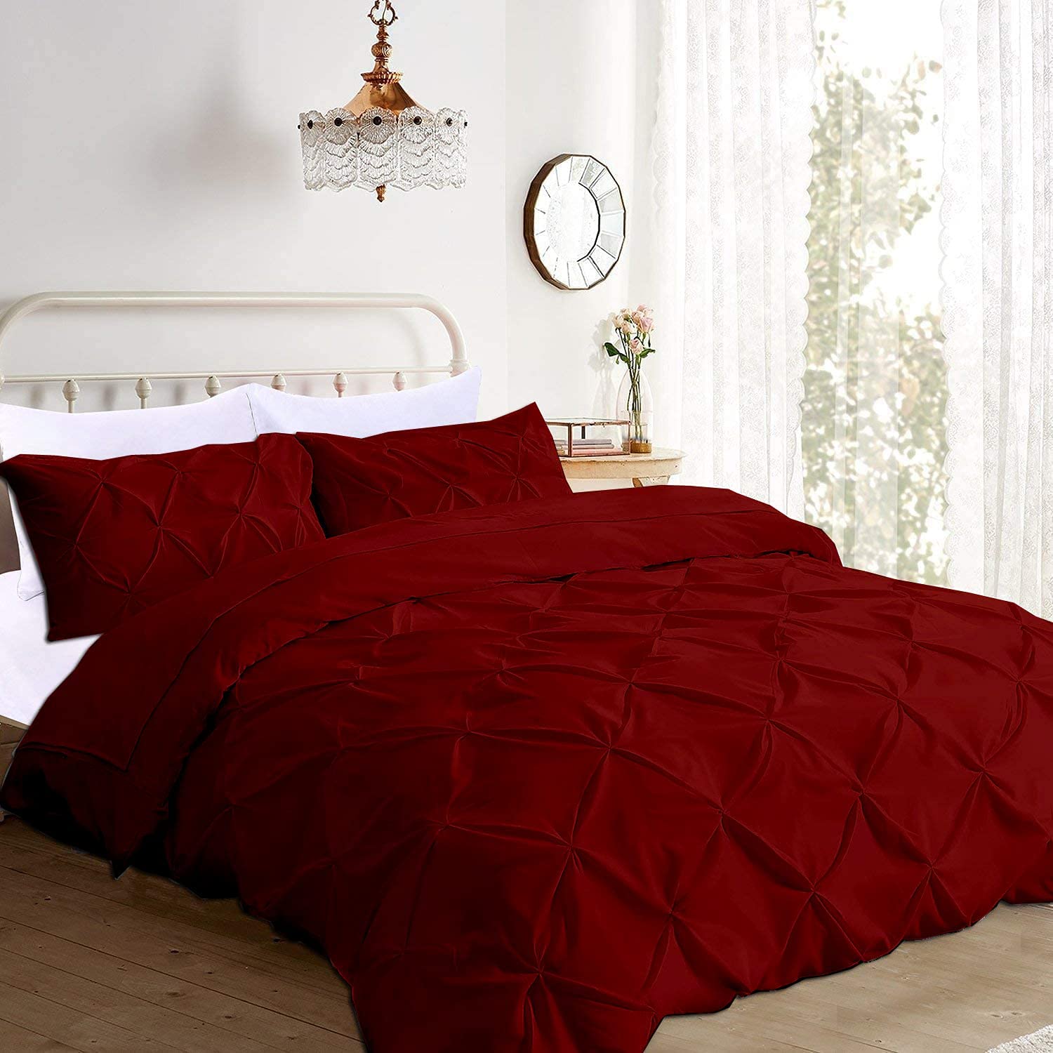Price:$86.99  BED Premium Quality Pinch Pleated Duvet Cover Set 3-Piece with Zipper & Corner Ties 600-TC Hypoallergenic Ultra Soft Pillow Shams 100% Egyptian Cotton Super-King (98X108) Size Burgundy Solid : Home & Kitchen