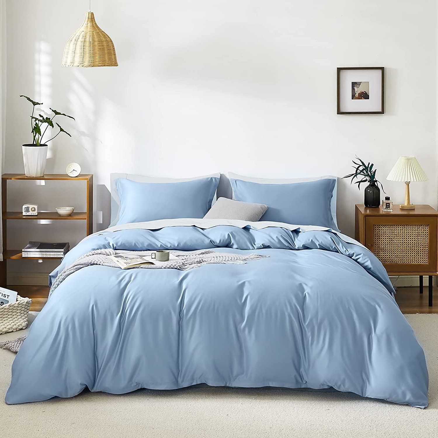 Price:$29.99  Lake Duvet Cover Full Size, 3 Pieces Comforter Cover Set, Soft Silky Microfiber Double Sided Dual Material with Zipper Closure (1 Duvet Cover 80x90 inches + 2 Pillow Shams)- Light Blue : Home & Kitchen