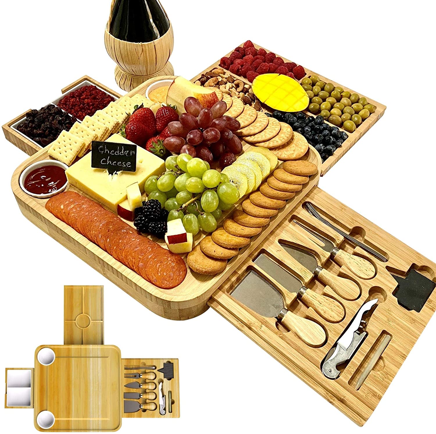 Price:$43.99  Cheese Board and Knife Set, Wooden Charcuterie, Bamboo Platter & Serving Meat Tray w/Slide-Out Drawers, 4 Knife, 4 fork, Gifts for Christmas, Birthday, Housewarming, Wedding: Cheese Plates