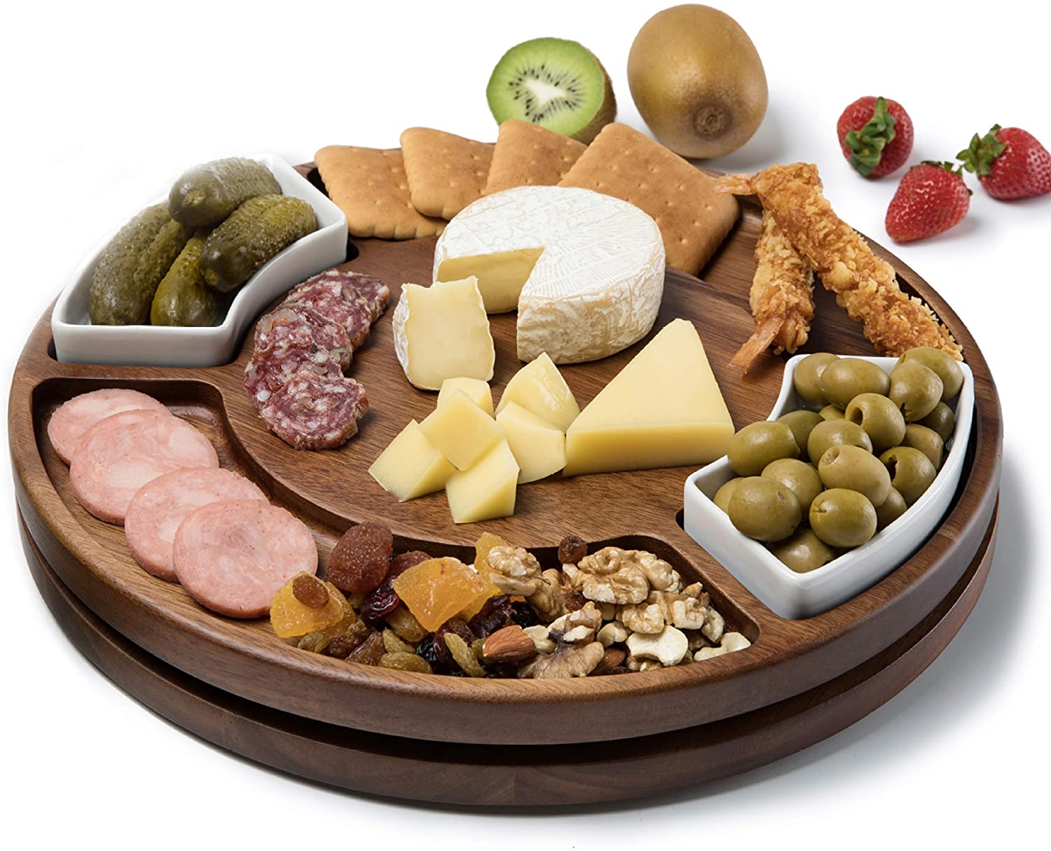 Price:$64.99  Upgraded Lazy Susan Cheese Cutting Board Set, Round Acacia Charcuterie Board, Cheese Serving Platter with 2 Ceramic Bowls and Crafted Snacks Spaces, The Perfect Gift for Any Occasion: Cheese Plates