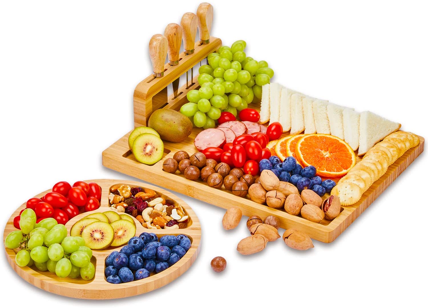 Price:$39.99  Board Set Large Bamboo Plates with Round Fruit Tray, Cheese Board and Knife Set Christmas Serving Platters and Trays with 4 Stainless Steel Knife for Housewarming Wedding Birthdays: Cheese Plates