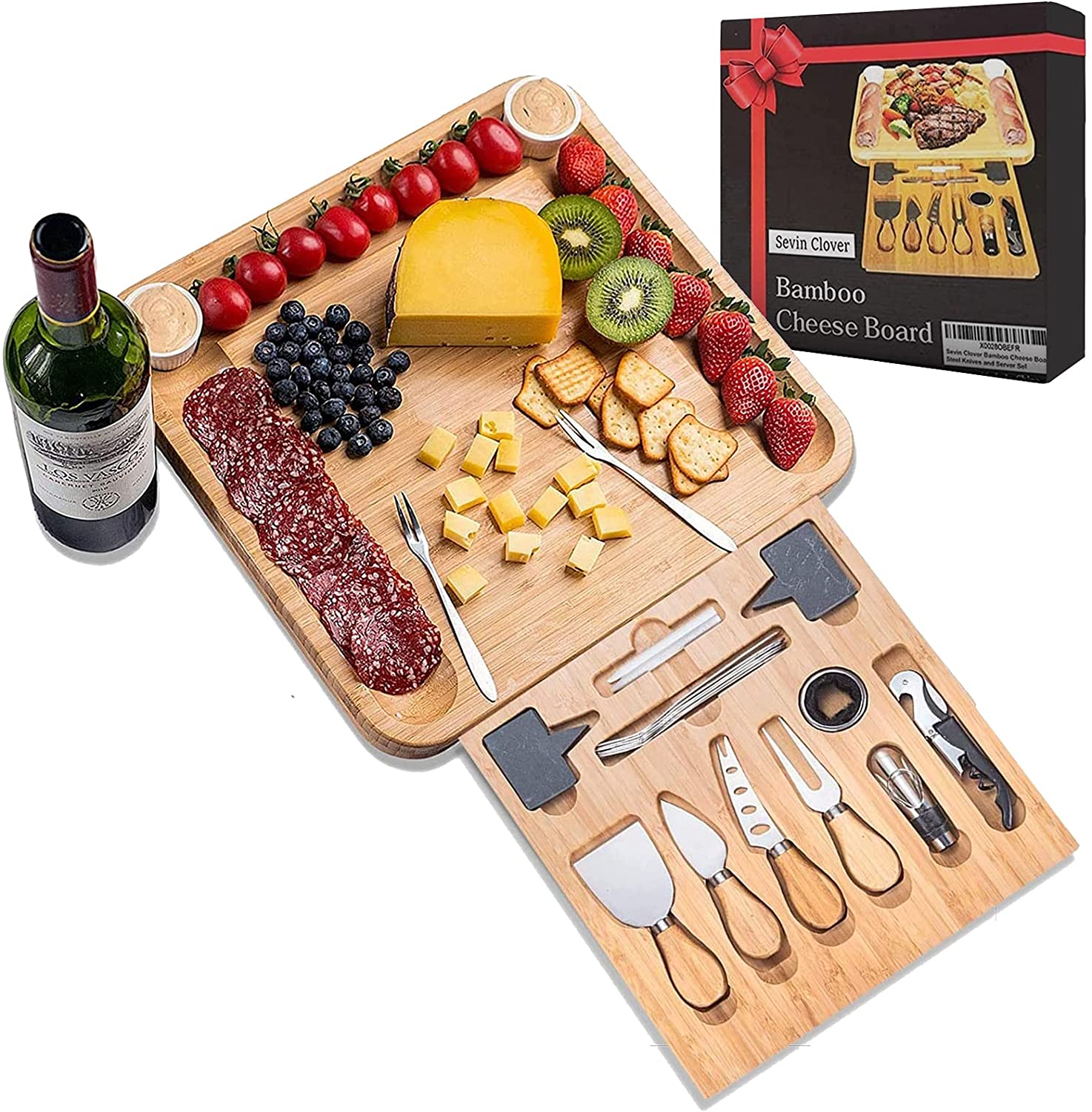 Price:$39.95  Cheese Board and Knife Set - Wood Charcuterie Platter and Serving Meat & Cheese Board with Slide Out Drawer for Cutlery, 4 Stainless Steel Knives and Server Set: Cheese Plates