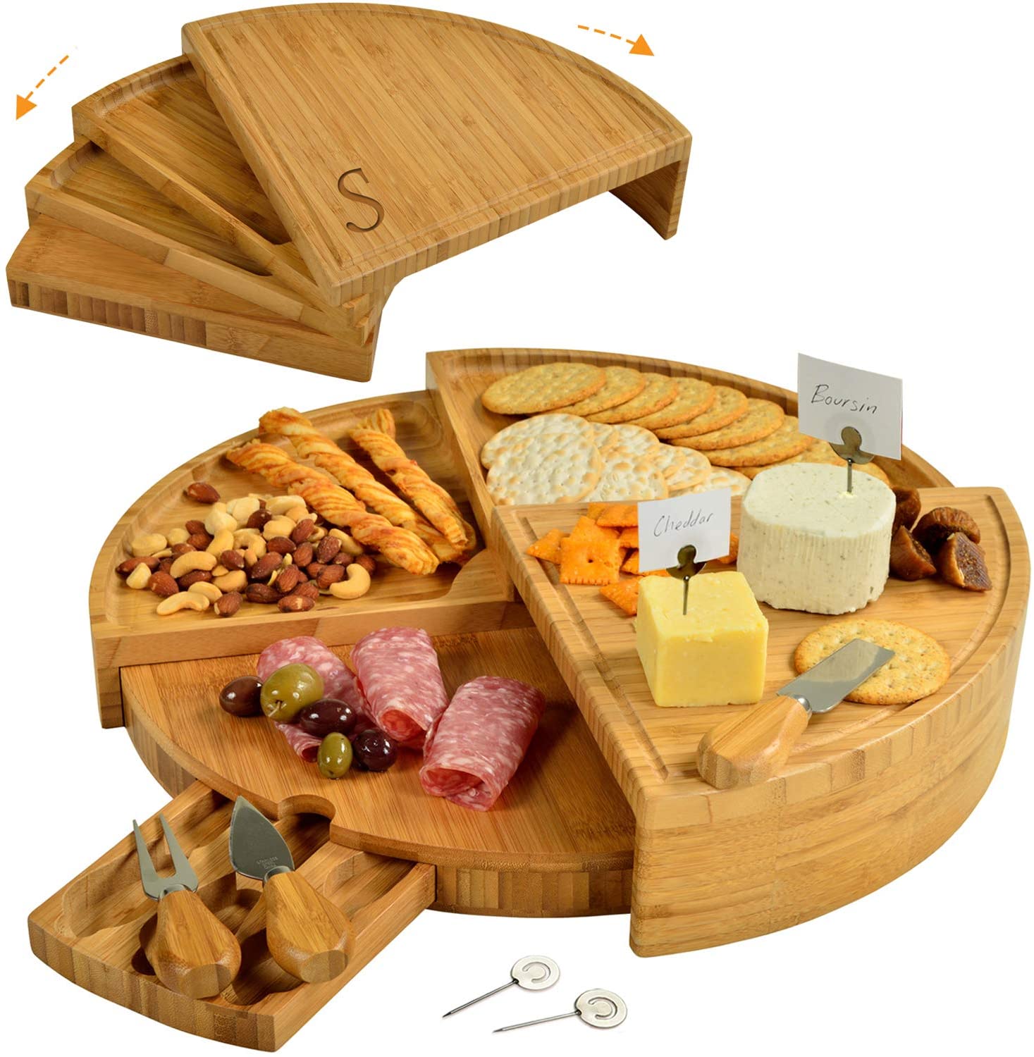 Price:$69.00  at Ascot Patented Personalized Monogrammed Engraved Bamboo Cutting Board for Cheese & Charcuterie with Knives & Cheese Markers - Stores as a Compact Wedge - Opens to 18" Diameter: Home & Kitchen