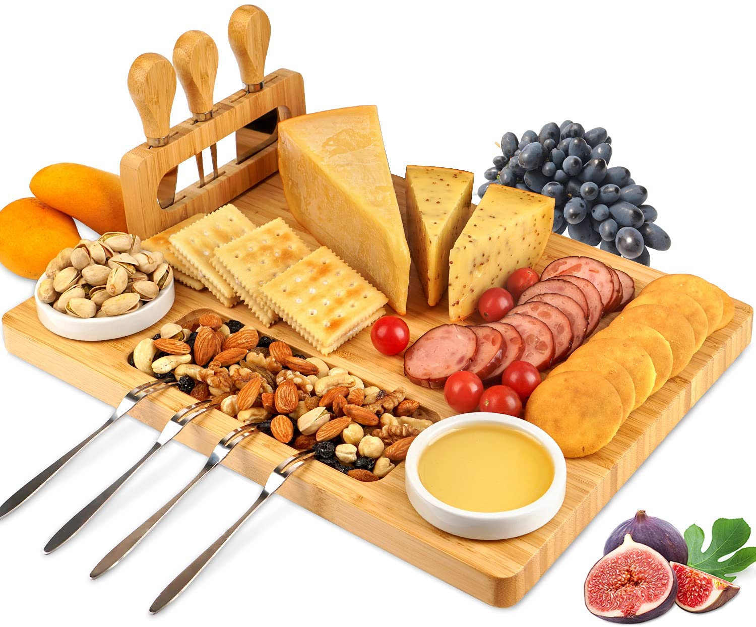 Price:$32.99  Bamboo Cheese Board Set with 3 Stainless Steel Knife, Meat Charcuterie Platter Serving Tray, Perfect Choice for Wedding Birthdays Christmas Anniversary Housewarming Kitchen Personalized Gift: Cheese Plates