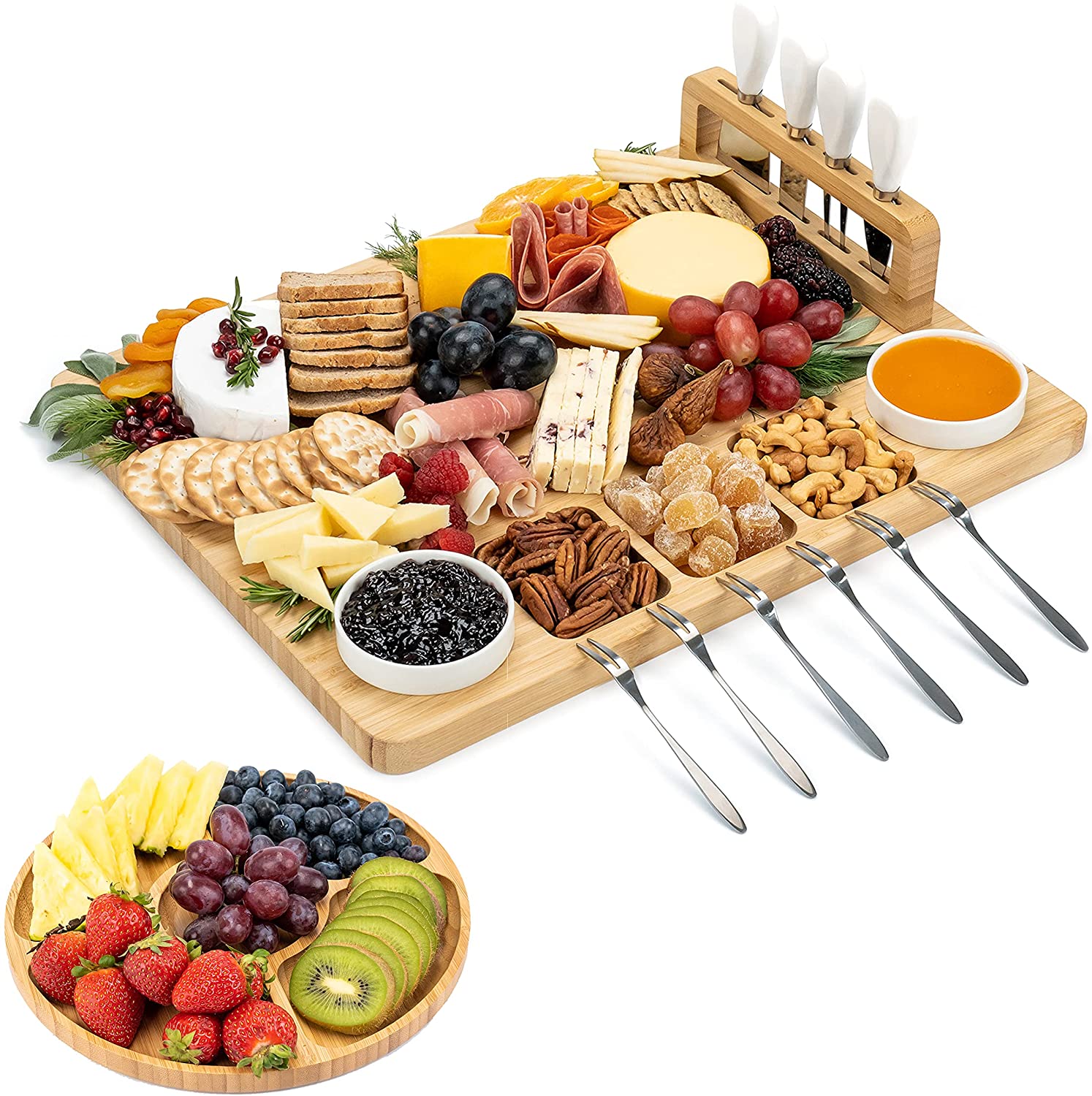 Price:$42.99  Cheese Board and Knife Set - Charcuterie Board Set, Cheese Platter Board, Bamboo Cheese Board with Cutlery Set, Cheese Tray, Wooden Cheese Board Set, Cheese Cutting Board Set, Cheese Plate Set: Cheese Plates