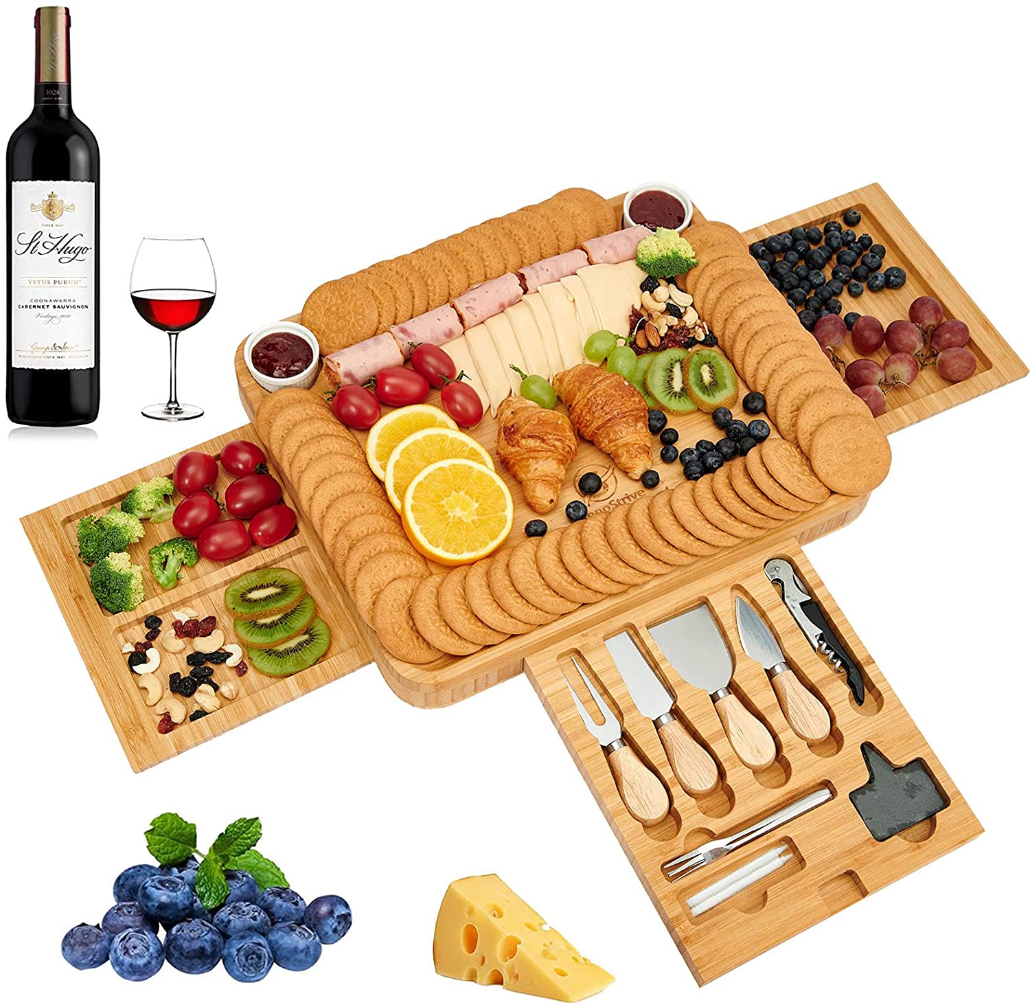 Price:$52.99  Cheese Board 16 x 13 x 2 Inch Wood Charcuterie Platter With Cutlery 3 Slide-Out Drawer For Wine, Cheese, Meat: Cheese Plates