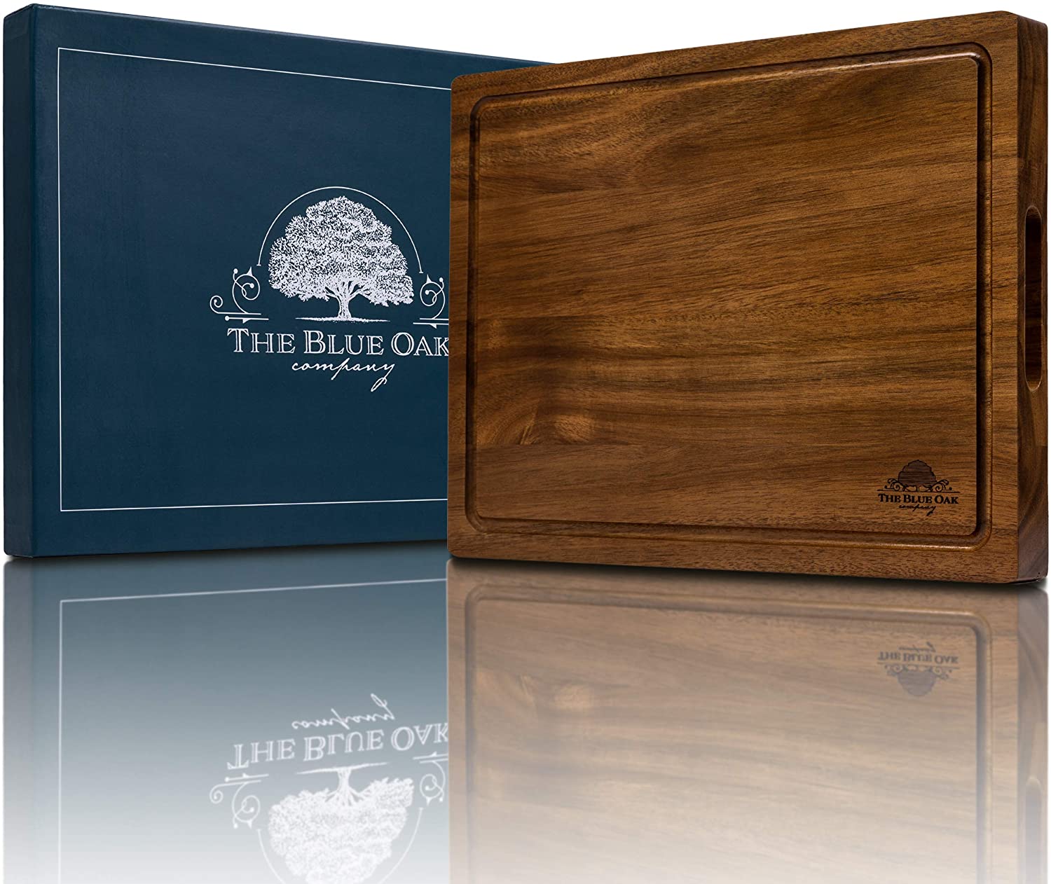 Price:$57.95  BLUE OAK COMPANY Premium Acacia Wood Large Reversible Cutting Board with Juice Groove & Cracker Holder | Chopping Board | Charcuterie Board | Cheese Board: Home & Kitchen