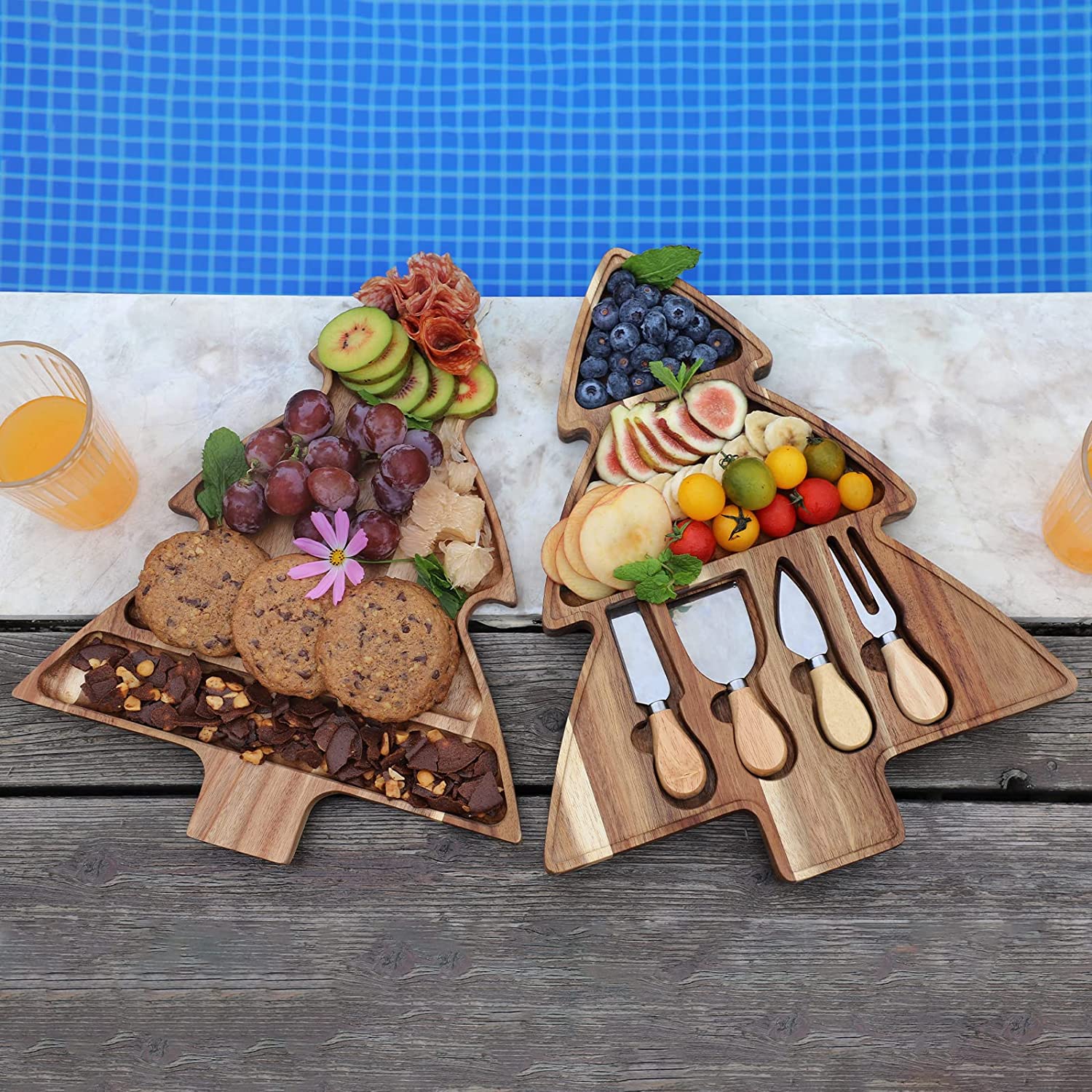 Price:$45.99  Charcuterie Boards & Knife Set for Housewarming Gift/2 Layers Tree Cheese Boards as Christmas/Farmhouse Decor/Handmade Wooden Trays for Serving Cheese,Wine,Meat,Cookies Acacia Wood: Cheese Plates