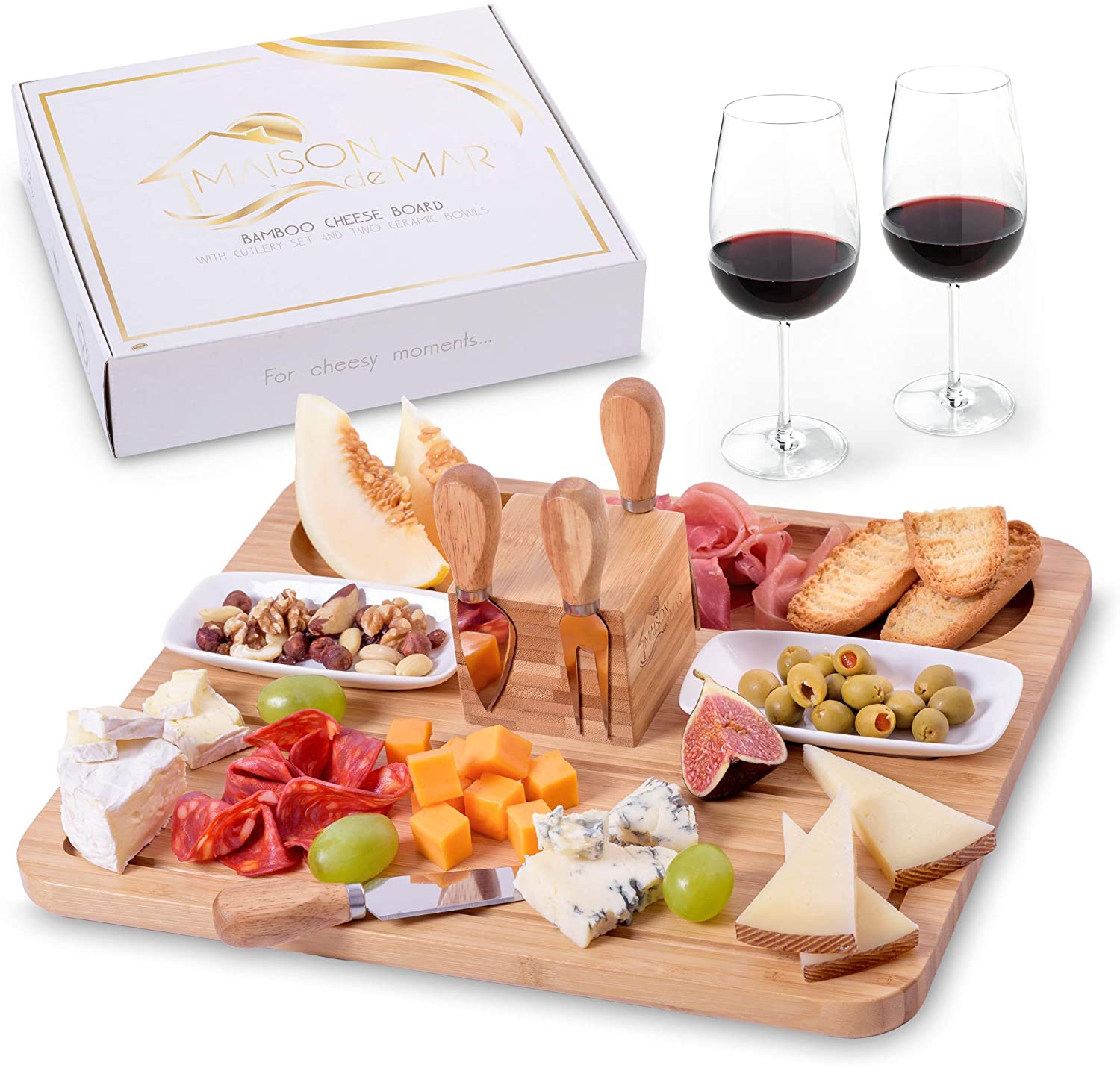 Price:$37.99  Cheese Board and Knife Set with Ceramic Bowls by Maison del Mar - Charcuterie Platter & Food Serving Tray for Cheese, Wine and Meat - Gift Idea for Birthdays, Thanksgiving, Christmas: Cheese Plates