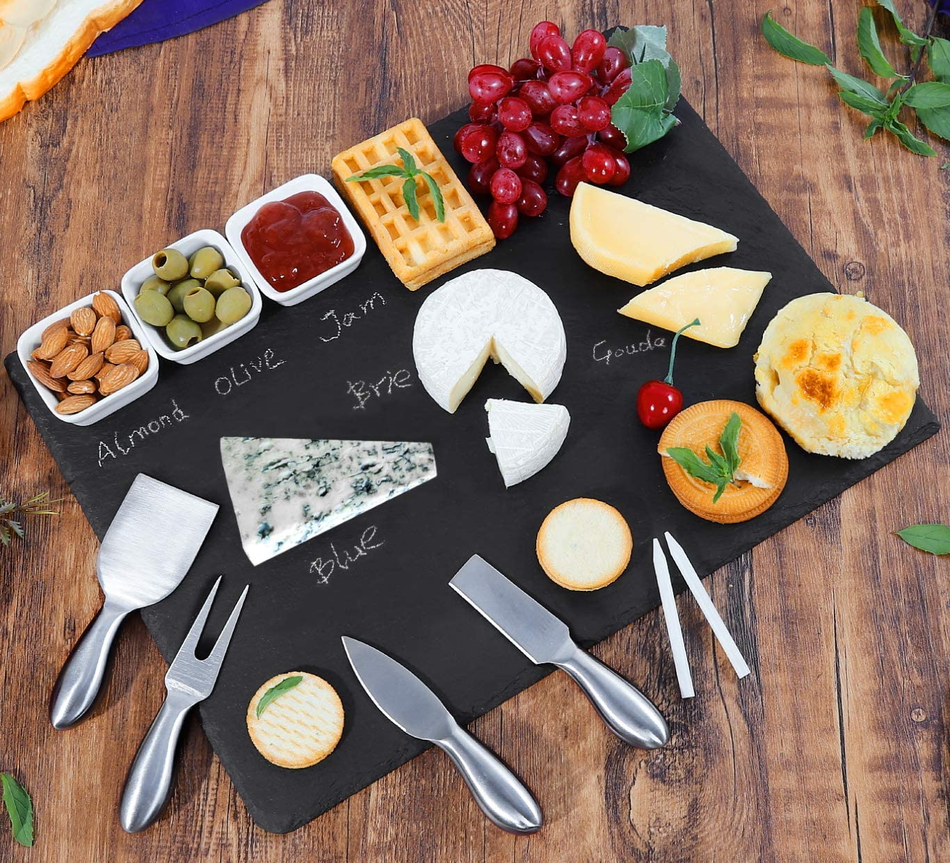 Price:$44.99  Slate Cheese Board and Knife Set, 7 piece w/ FREE 3 Ceramic bowls, Cheese Platter Slate Board, Cheese Serving Board, 4 Stainless Steel Knives, 2 Soap Stone Chalks, 16" X 12" (7 Piece + 3): Cheese Plates