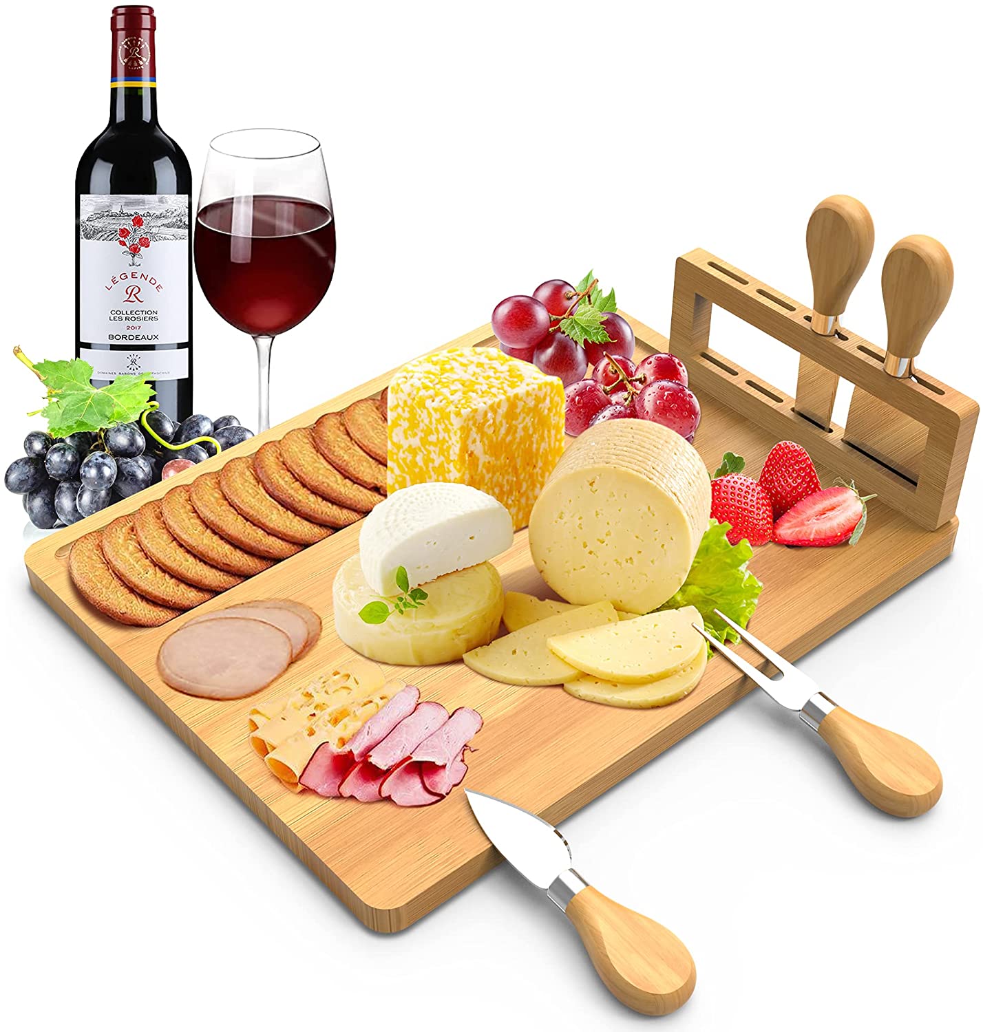 Price:$24.99  Cheese Board, Cheese Tray with 4 Stainless Cutlery Set,Charcuterie Board and Serving Meat Platter, Ideal for Halloween, Wedding, Christmas Gifts: Cheese Plates