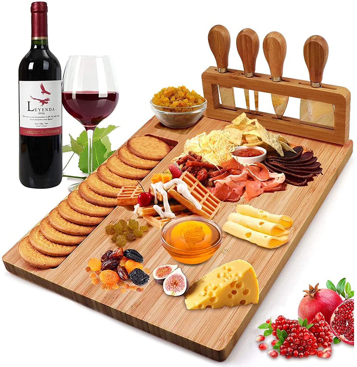 Price:$29.99  Cheese Board Set, Cheese Tray, Charcuterie Board and Serving Meat Platter with 4 Stainless Steel Cheese Knives, Ideal for Wedding Gifts Christmas Birthday Party (14''x11'') : Home & Kitchen