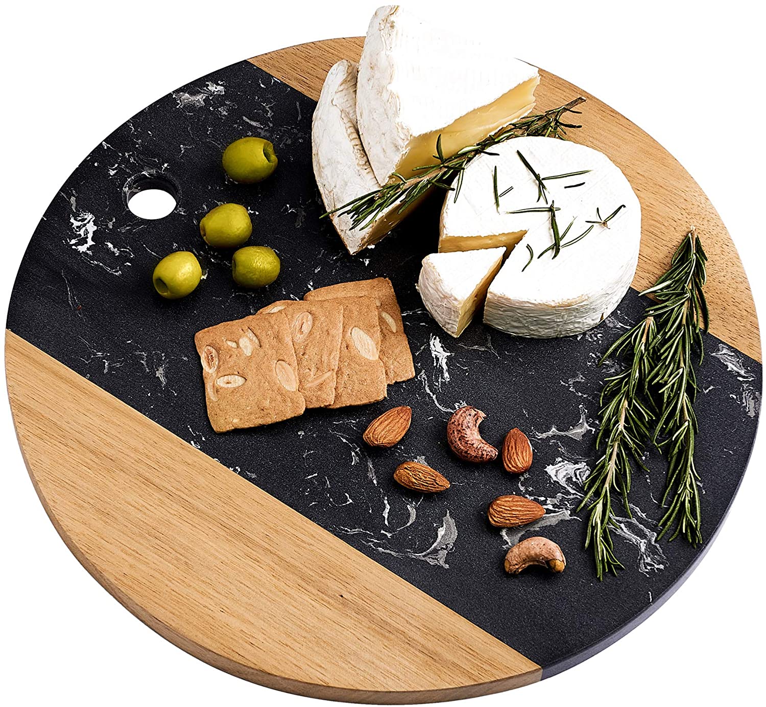 Price:$36.99  Marble Cheese Board with Acacia Wood Accent - Charcuterie Board for Two - Round Marble and Wood Cheese Board - Marble Cutting Board: Home & Kitchen