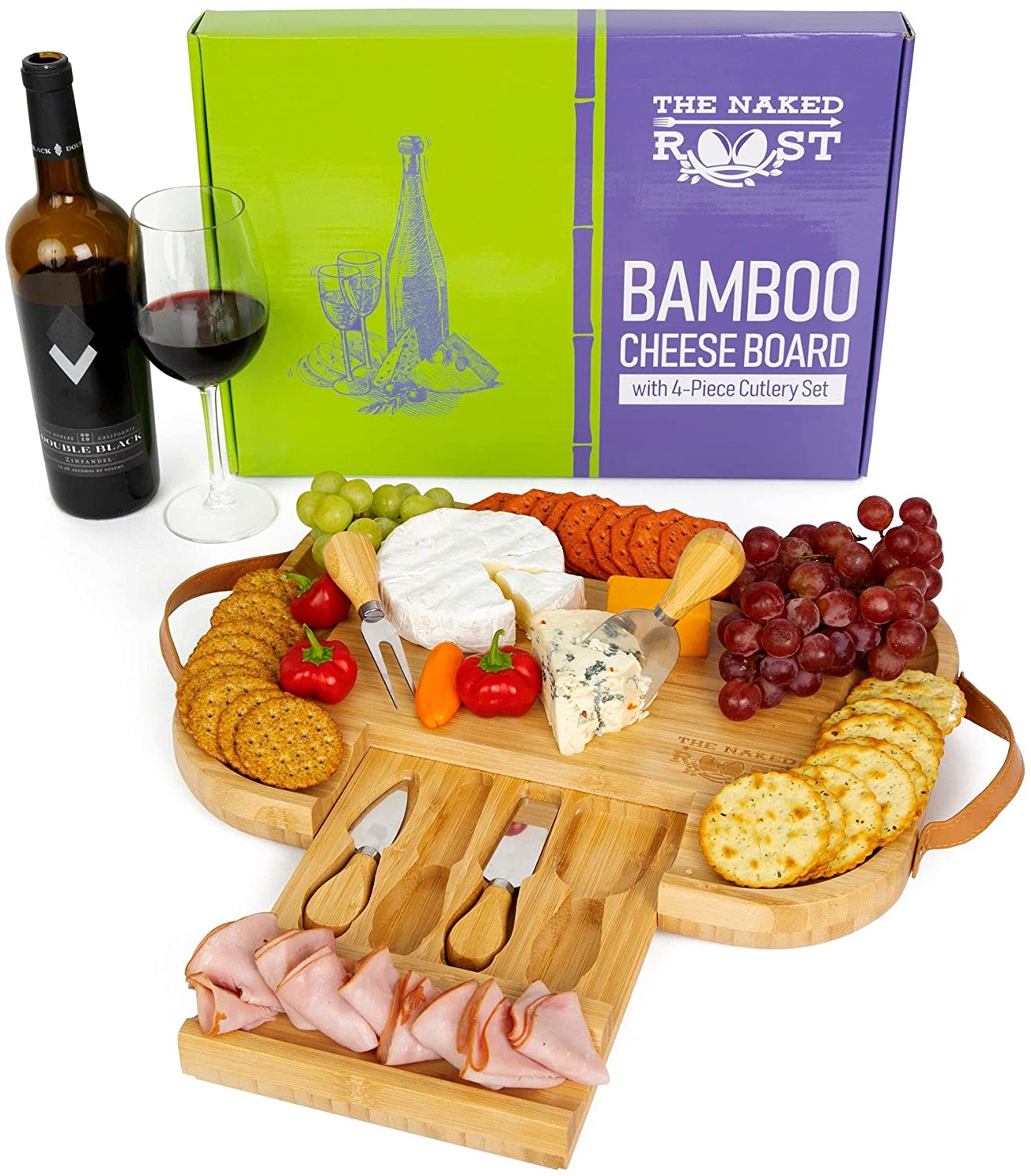 Price:$34.99  Cheese Board And Knife Set - Wooden Charcuterie Board Serving Platter with Leather Handles and Drawer - Perfect for Wedding or Housewarming Gift for Serving Cheese, Wine, Crackers and Meat: Cheese Servers