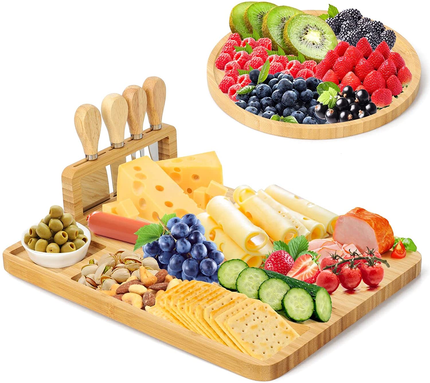 Price:$31.90  Cheese Board and Knife Set - Charcuterie boards  Wood Cutting Platter and Cheese Serving Tray for Wine, Crackers,Brie, Fruits, Bread and Meat: Cheese Plates