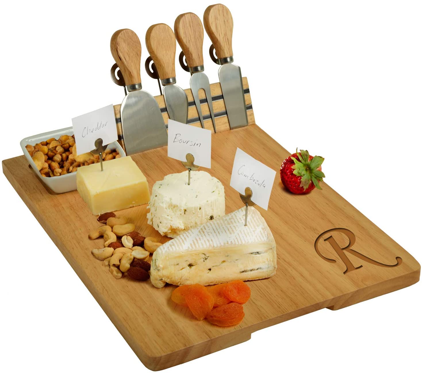 Price:$39.95  Monogrammed Laser Engraved Hardwood Board for Cheese & Appetizers - Includes 4 Cheese Knives, Cheese Markers & Ceramic Dish - Designed by Picnic at Ascot in California: Cheese Plates