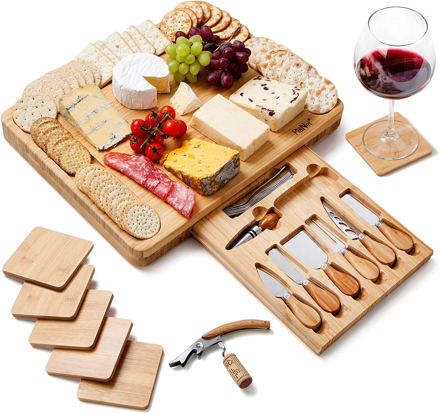 Price:$49.99  Large Bamboo Cheese Board - Wooden Charcuterie Board - Serving Platter Tray and Knife Set - Housewarming Gifts for Women Birthday New Home: Cheese Servers