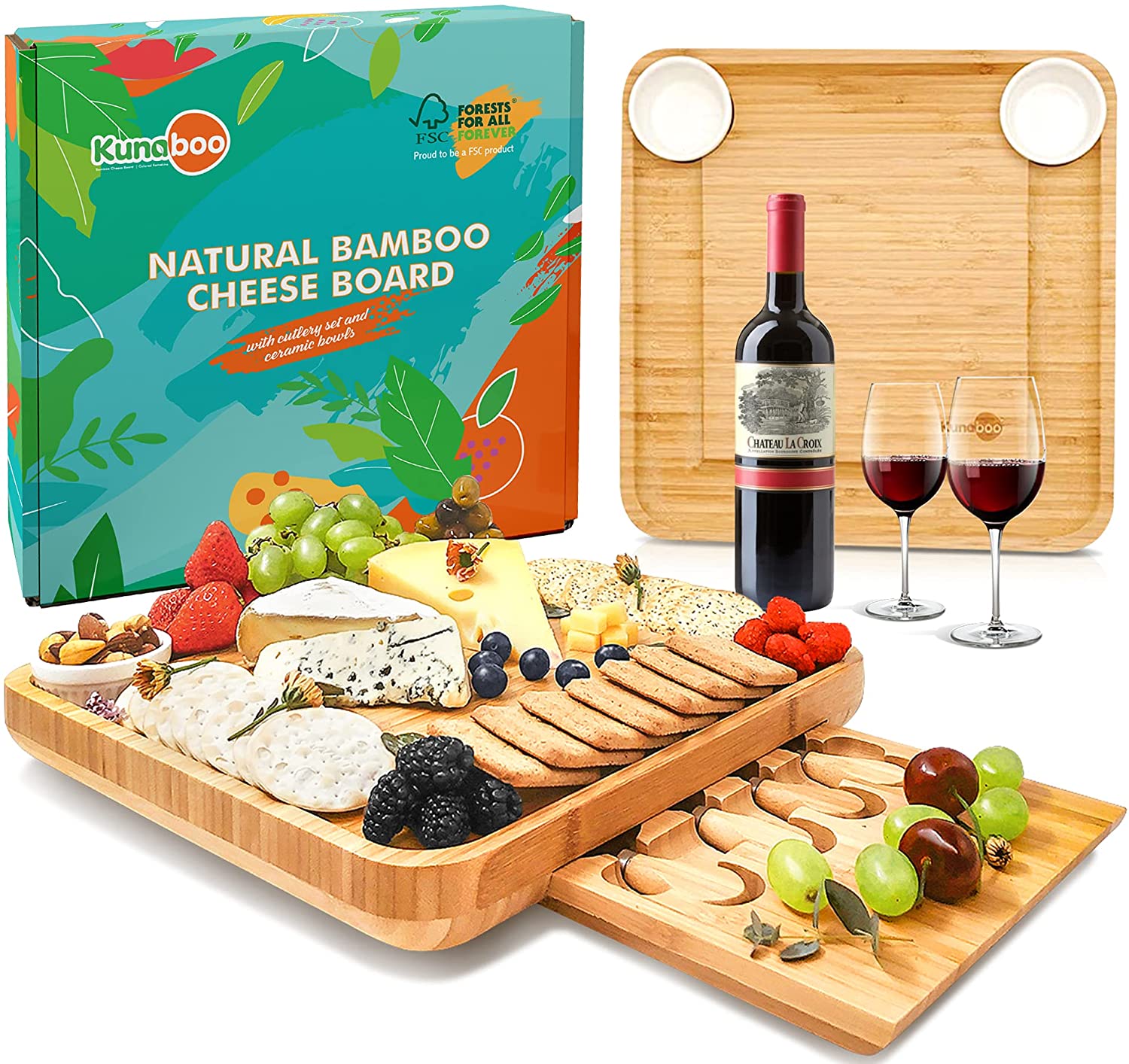Price:$39.99  Bamboo charcuterie board set - FSC certified - cheese board with knife set - Best for wedding, housewarming gift, cheese board set: Cheese Plates