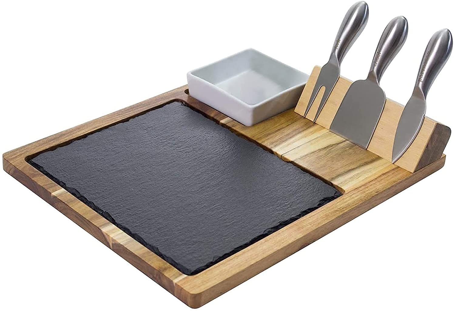 Price:$34.99  Slate Cheese Board Set, 10 Piece Set Includes 4 Stainless Steel Cheese Tools, Premium Acacia Serving Tray with Slate Board, and Porcelain Olive Dish: Cheese Plates