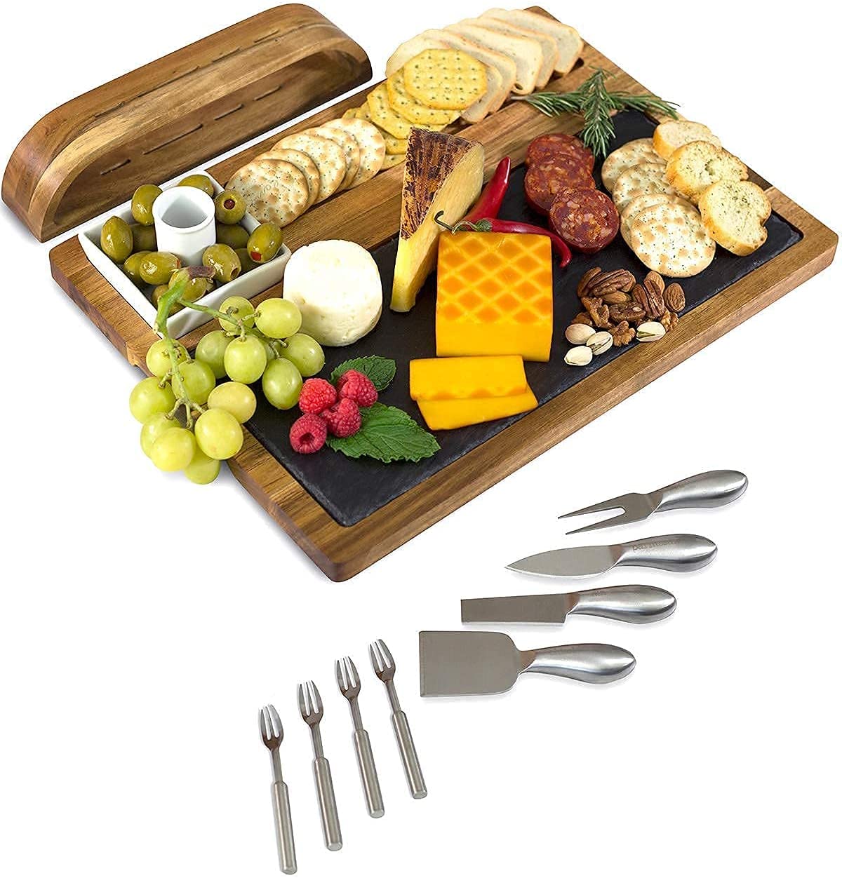 Price:$74.99  Slate Cheese Board Set - 12-Piece Charcuterie Set Includes 4 Stainless Steel Cheese Knives, Bigger Acacia Serving Tray with Slate Board, and Wood Tool Holder: Cheese Plates