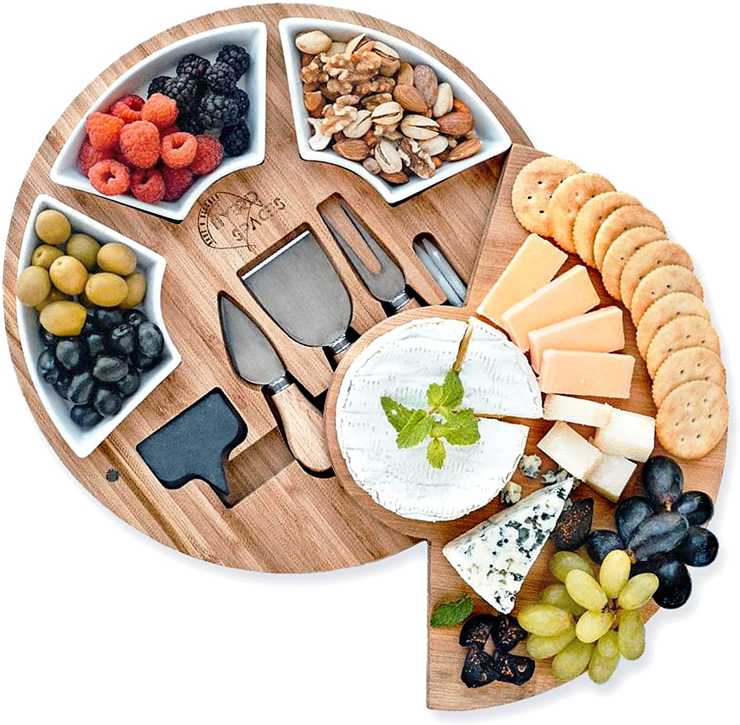 Price:$44.99  Cheese Cutting Board Charcuterie & Knife Set - Round Unique Swivel Bamboo Charcuterie Board Set For Parties - Wine Cheese Board Charcuterie Platter For Serving The Family - Cheeseboard Gift Set: Home & Kitchen