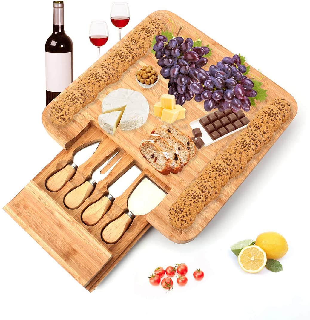 Price:$28.99  Bamboo Cheese Board and Knife Set, Charcuterie Board Wooden Serving Trays Cheese Serving Dishes Platter, Great for House Warming, Bridal Shower, Anniversary, Wedding, Party, Picnic: Cheese Servers