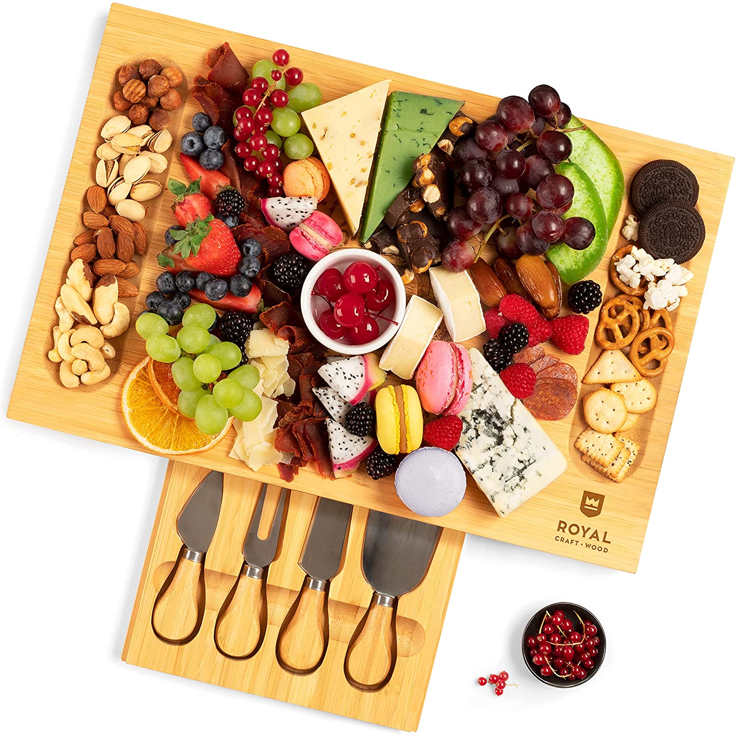 Price:$38.97  Bamboo Cheese Board, Charcuterie Platter & Serving Tray Including 4 Stainless Steel Knife & Thick Wooden Server - Fancy House Warming Gift & Perfect Choice for Gourmets (Bamboo): Cheese Servers