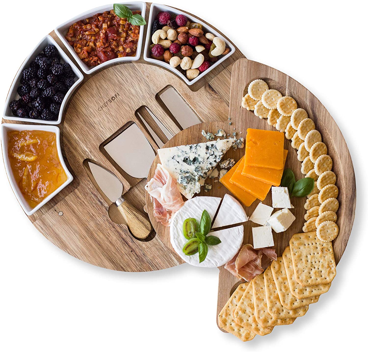 Price:$74.99  Board Set - Charcuterie Board Set and  Serving Platter. US Patented 13 inch Meat/ Cutting Board and Knife Set for Entertaining and Serving - 4 Knives and 4 Bowls Server Plate:  Plates