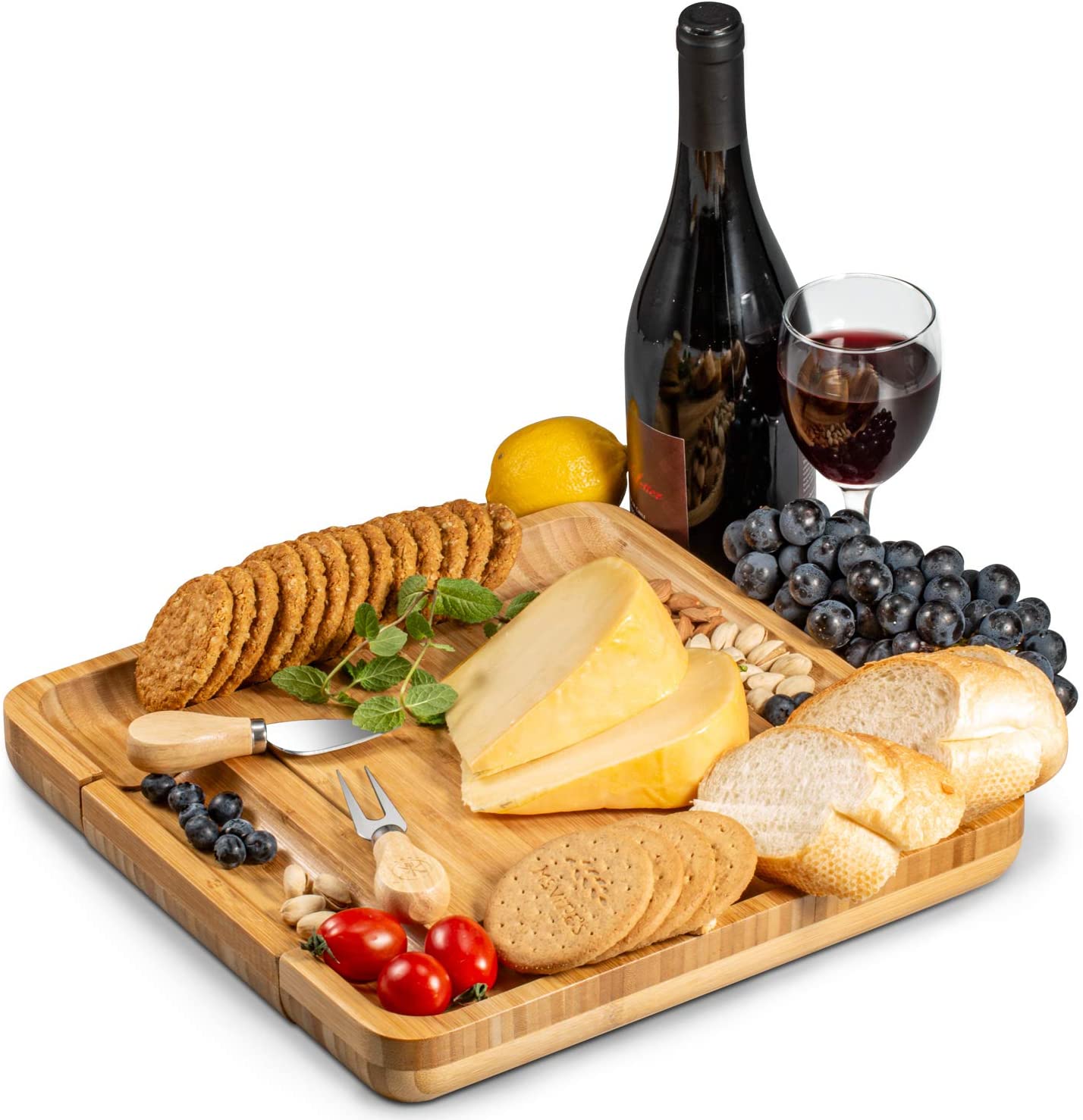 Price:$31.55  Bamboo Cheese Board and Cutlery Set, 4 Stainless Steel Serving Utensils Charcuterie Platter and Serving Meat Tray: Cheese Servers