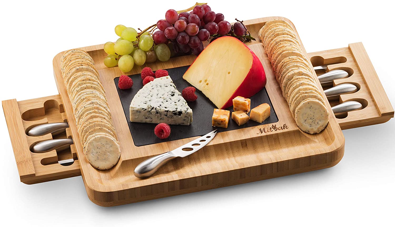 Price:$31.99  Charcuterie Board Tray with 12 Cheese Utensils | Bamboo Cheese Board Serving Tray | Cutting Board Platter Christmas Gift | 16 x 13 x 2 Inches: Cheese Servers