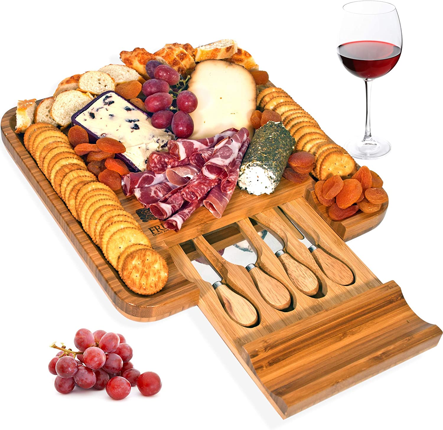 Price:$39.95  Cheese Board and Knife Set. Wood Charcuterie Board Set, A Perfect Serving Platter for Meat, Cheese, Crackers and Wine. All Natural Bamboo with 4 Stainless Steel Cheese Knives and Server.: Cheese Plates