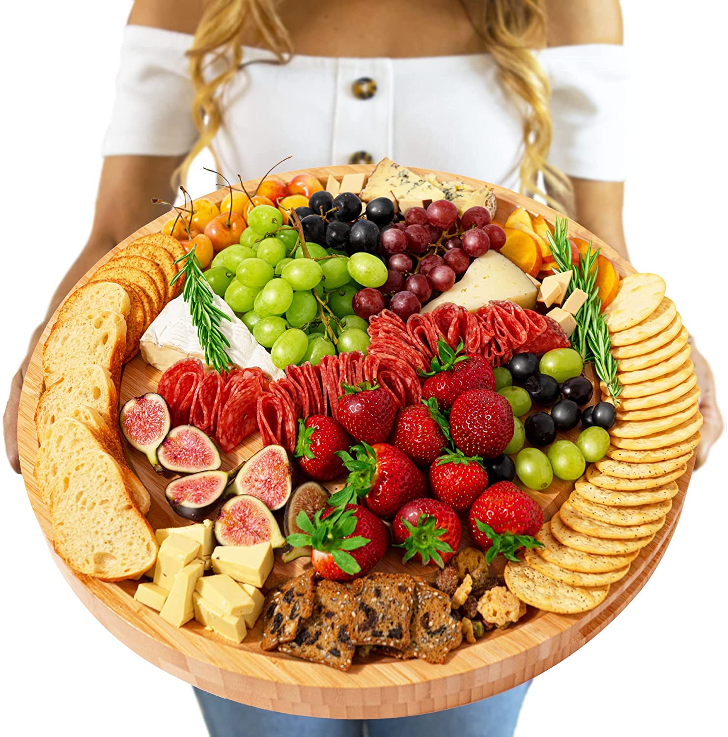 Price:$79.99  Charcuterie Board - 17 In, Round Charcuterie Board Extra ,  Cheese Board, Round Cheese Board, Bamboo Charcuterie Board with Handle, Bamboo Cheese Board Set, Wooden Charcuterie Board: Cheese Servers