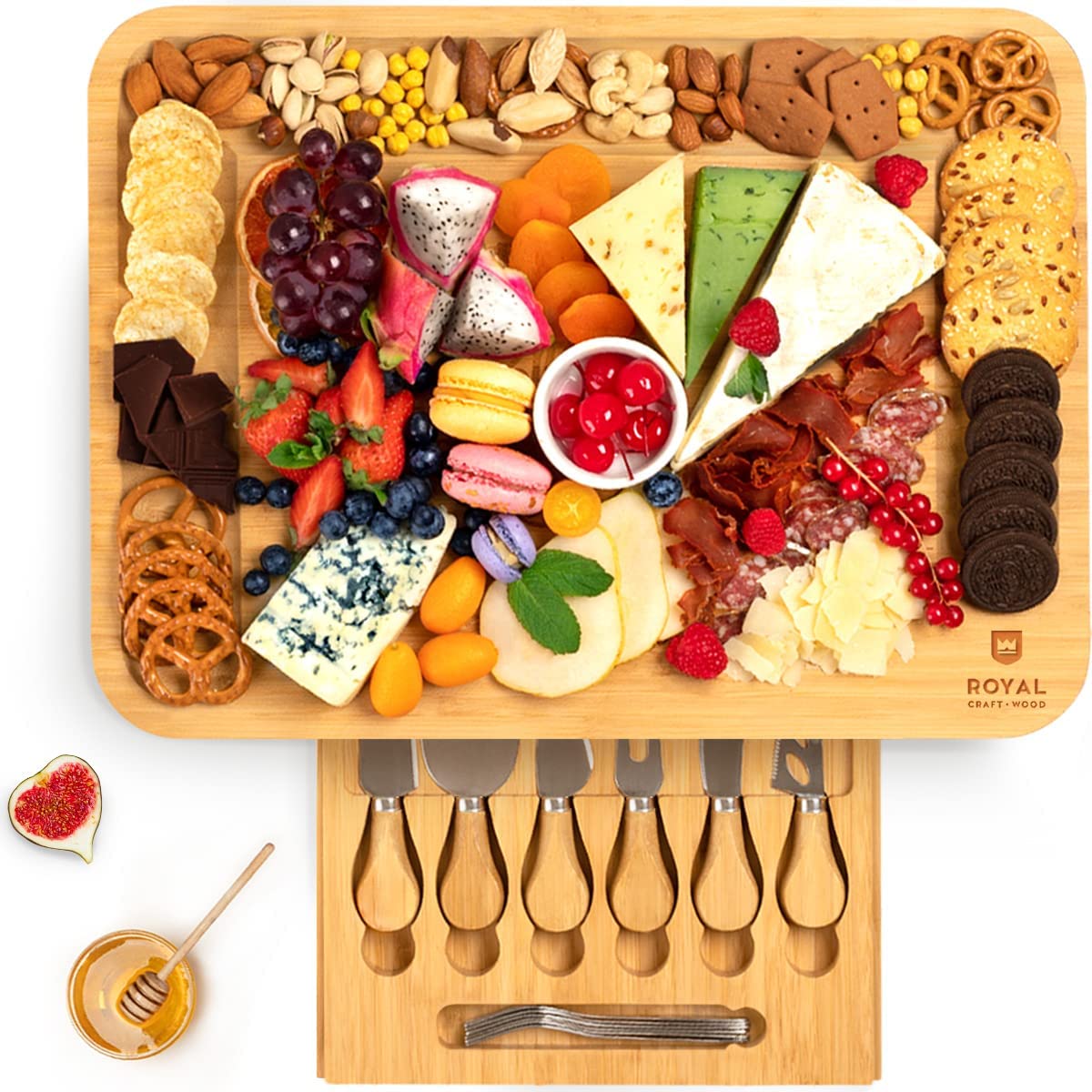 Price:$56.97  Board and Knife Set - Charcuterie Board Set Unique Bamboo  Board, Charcuterie Platter & Serving Tray (17" x 13"):  Servers