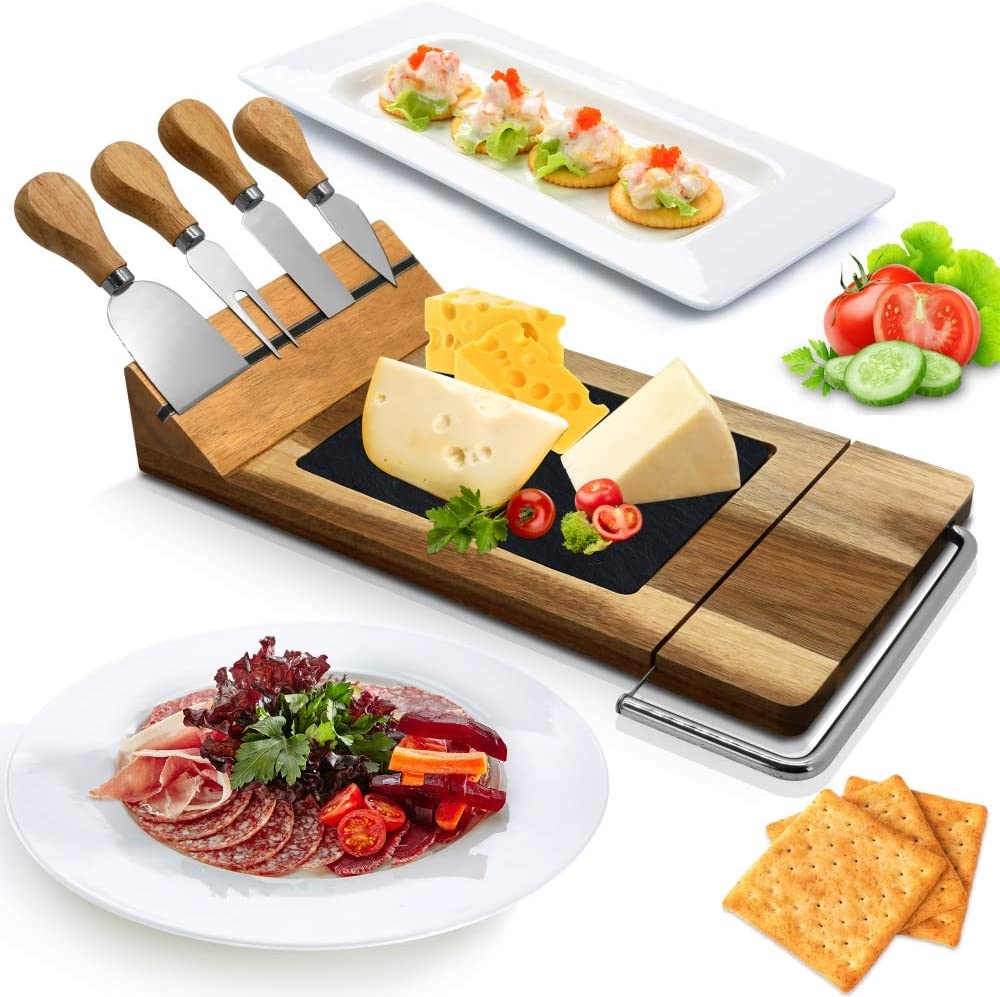 Price:$29.99  Slicing Bamboo Cheese Board Platter-4 Stainless Steel Knives and Magnet Holder-Modern Wood Snack Serving Tray w/Stone Slate Slab, Slicer Blade for Cutting Food, Fruit, Meat: Cheese Servers