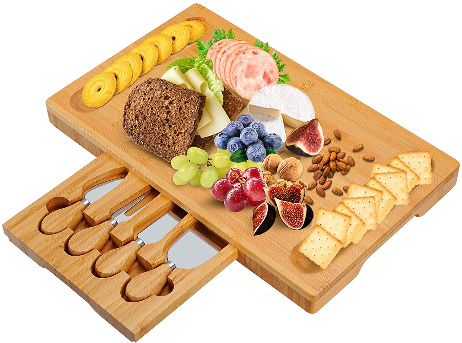 Price:$32.99  Cheese Board Cheese Platter with Utensils Set and 4 Stainless Steel Cutting Knives Cracker and Meat Serving Tray for Display, Decorations, Cheese Lovers, Gift Idea: Cheese Plates