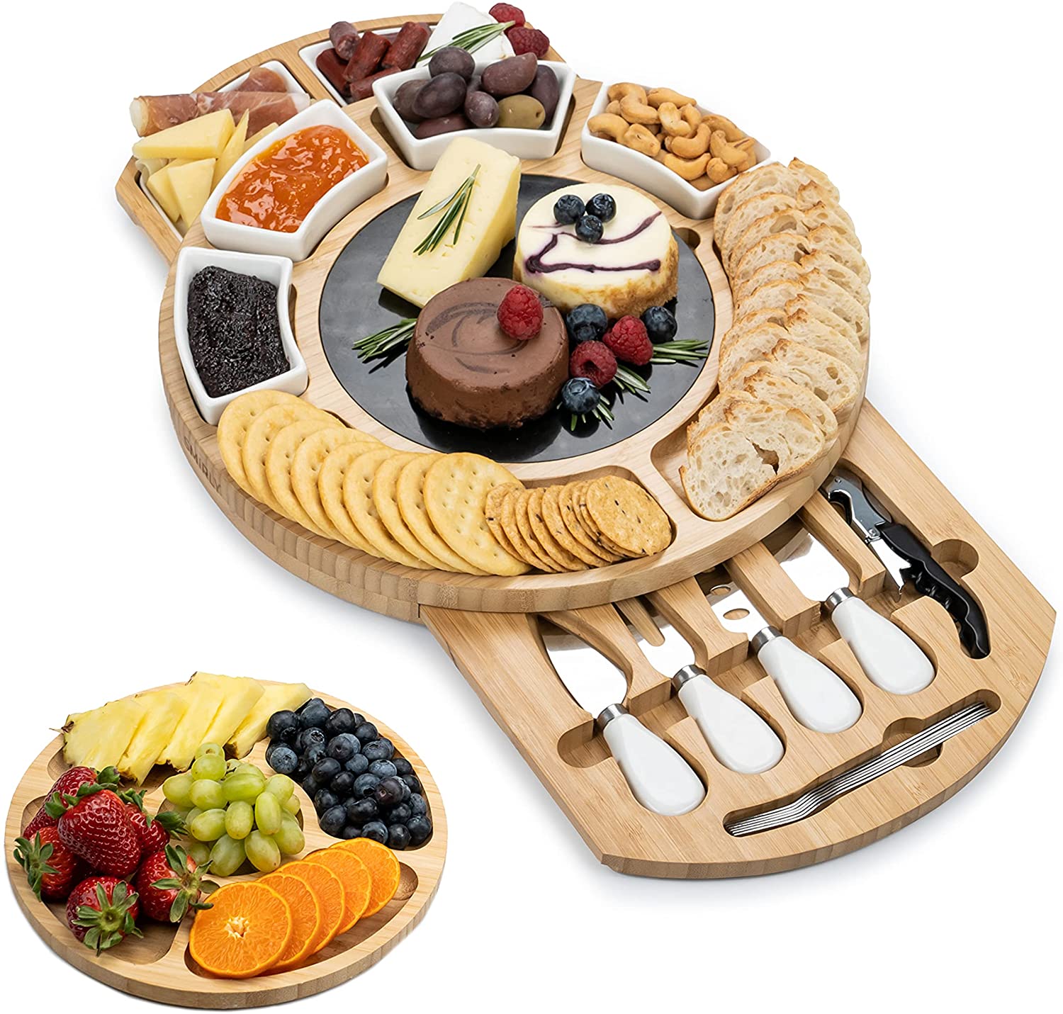 Price:$69.99  Cheese Board and Knife Set - Large Round Charcuterie Board Set, Bamboo Cheese Board Set, Cheese Platter Board, Cheese Tray Set, Wooden Cheese Board, Cheese Cutting Board Set, Cheese Plate Set: Cheese Servers