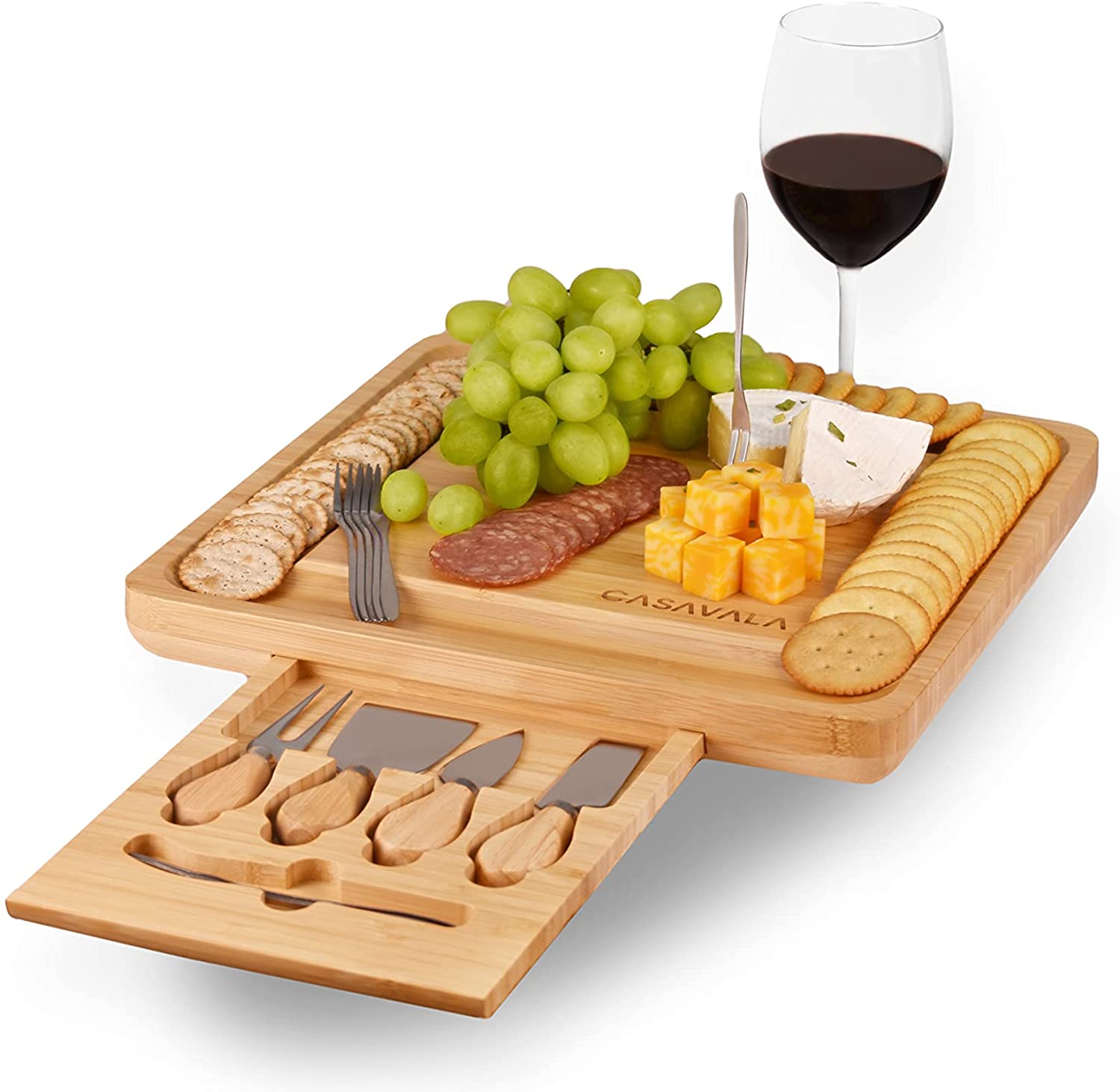 Price:$30.99  Bamboo Charcuterie & Cheese Board Set - Includes 4 Cheese Knives & 10 Cheese Forks- Complete Bamboo Cheese, Fruit, Cured Meat Serving Platter With Drawer- Ideal For Parties & Events: Cheese Servers