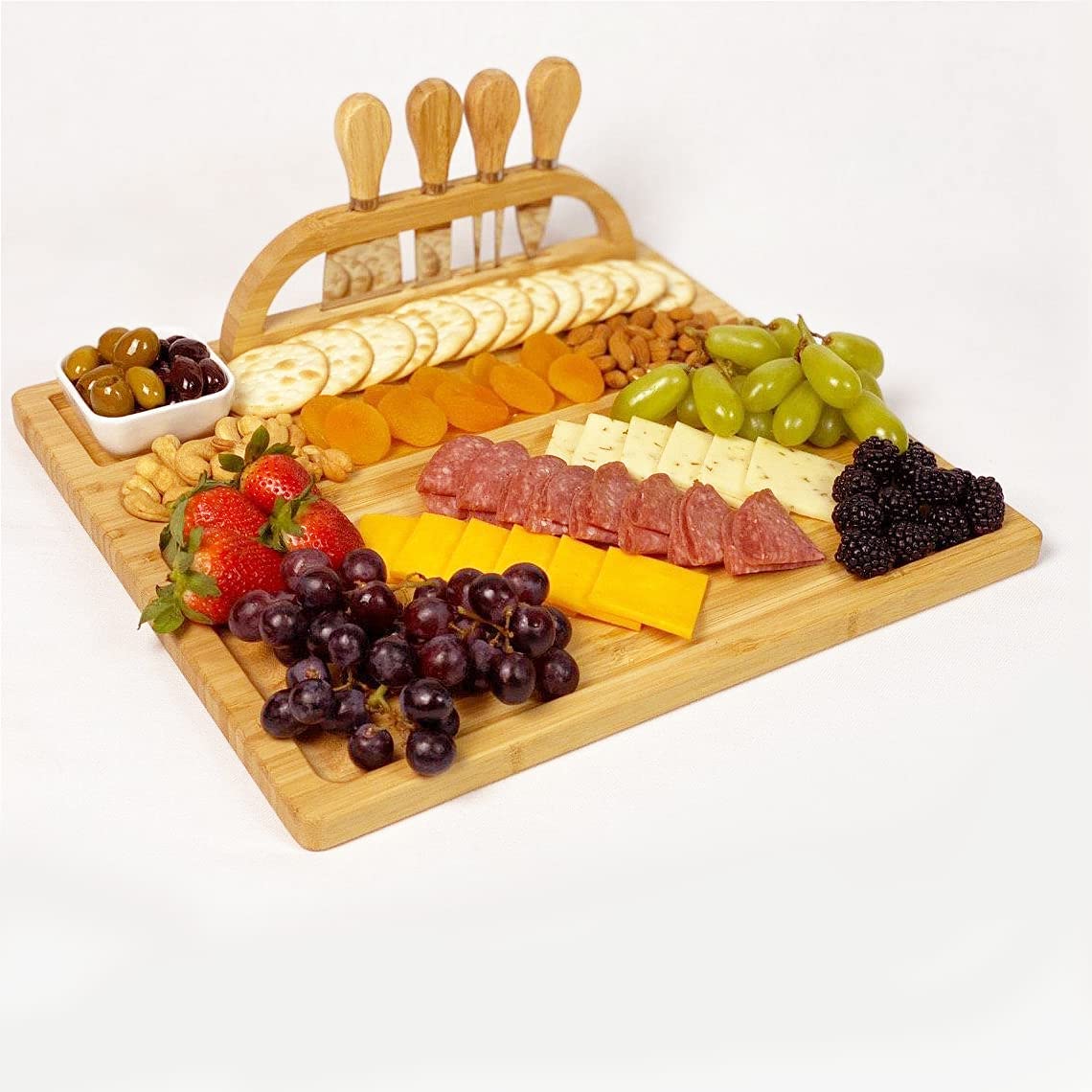 Price:$24.99  Bamboo Cheese Board and knife Set, Charcuterie Platter Serving Tray, cutlery Premium Cutting Board, Entertaining Gift Men Women Birthdays Wedding Housewarming Party Anniversary, 13.5 x 14.5: Cheese Plates