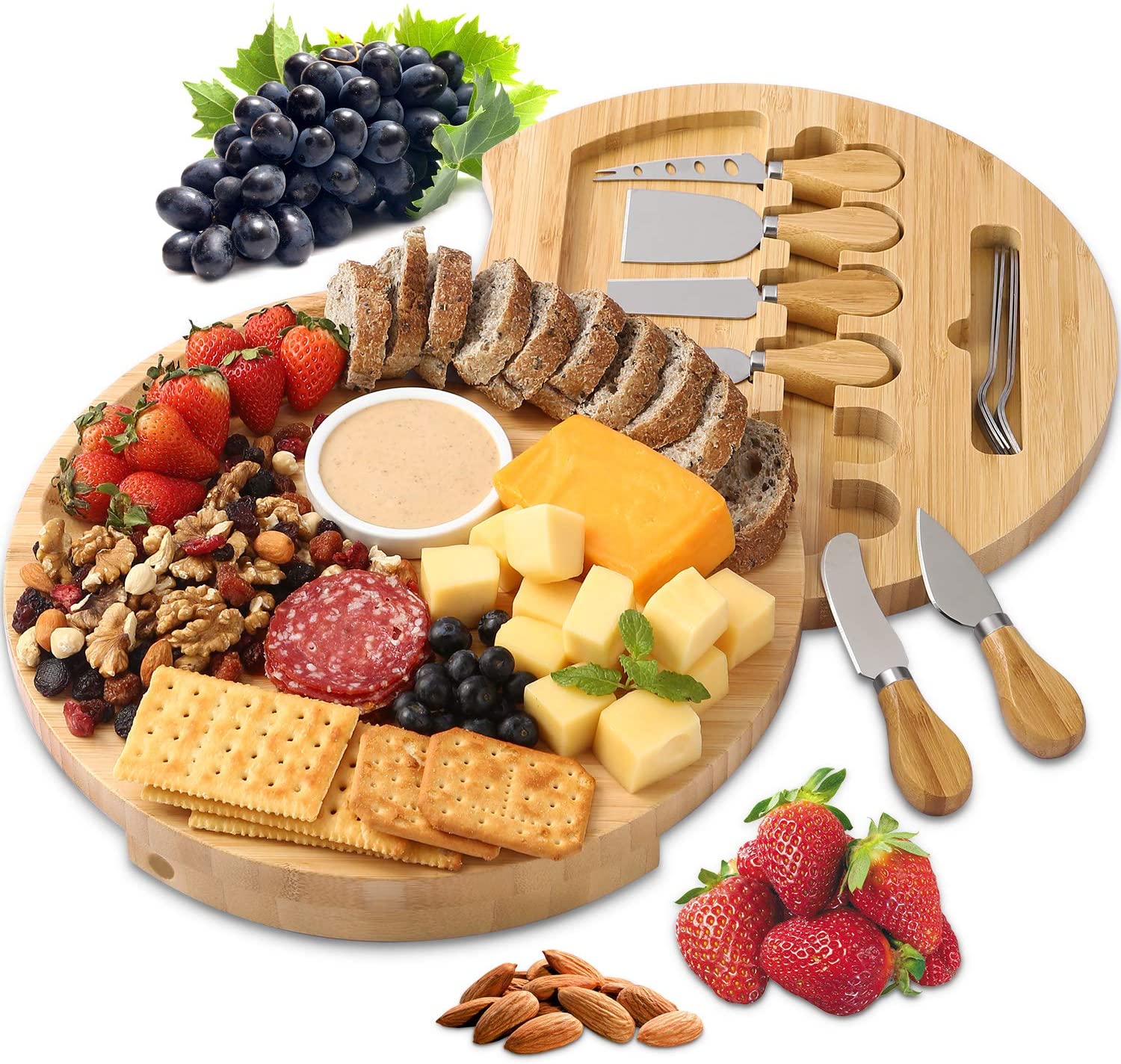 Price:$39.99  Cheese Board and Knife Set, Bamboo Round Charcuterie Boards Swivel Meat Platter Personalized Tray with 6 knives for Housewarming Christmas Thanksgiving Party Birthday Wedding Gifts: Cheese Plates