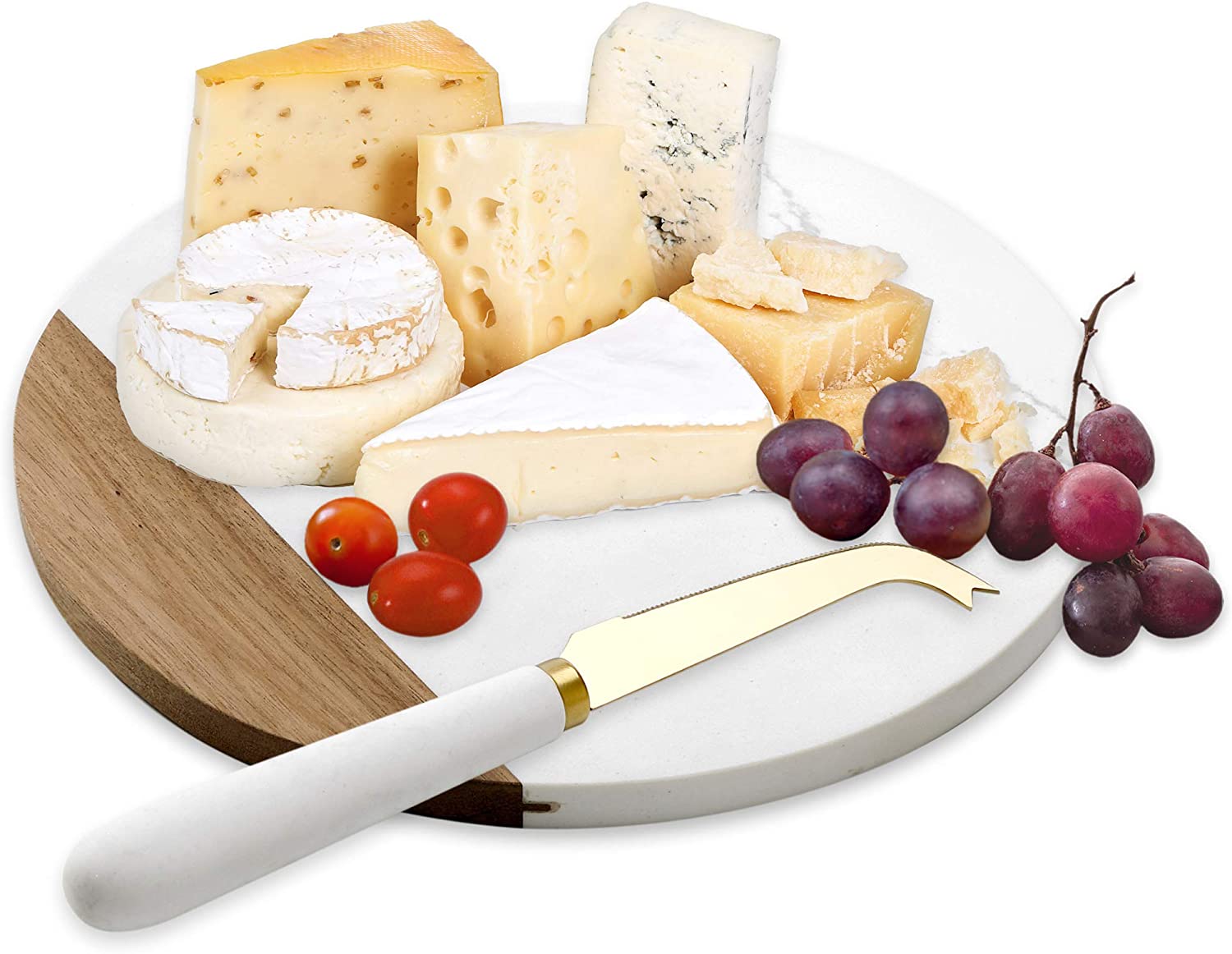 Price:$35.99  White Marble and Acacia Wooden Cheese Board & Knife Set Marble Tray for Meats Breads Charcuterie Round Cutting Serving Board Stainless Steel Knife - 10" Marble Slab Pastry Board: Cheese Plates
