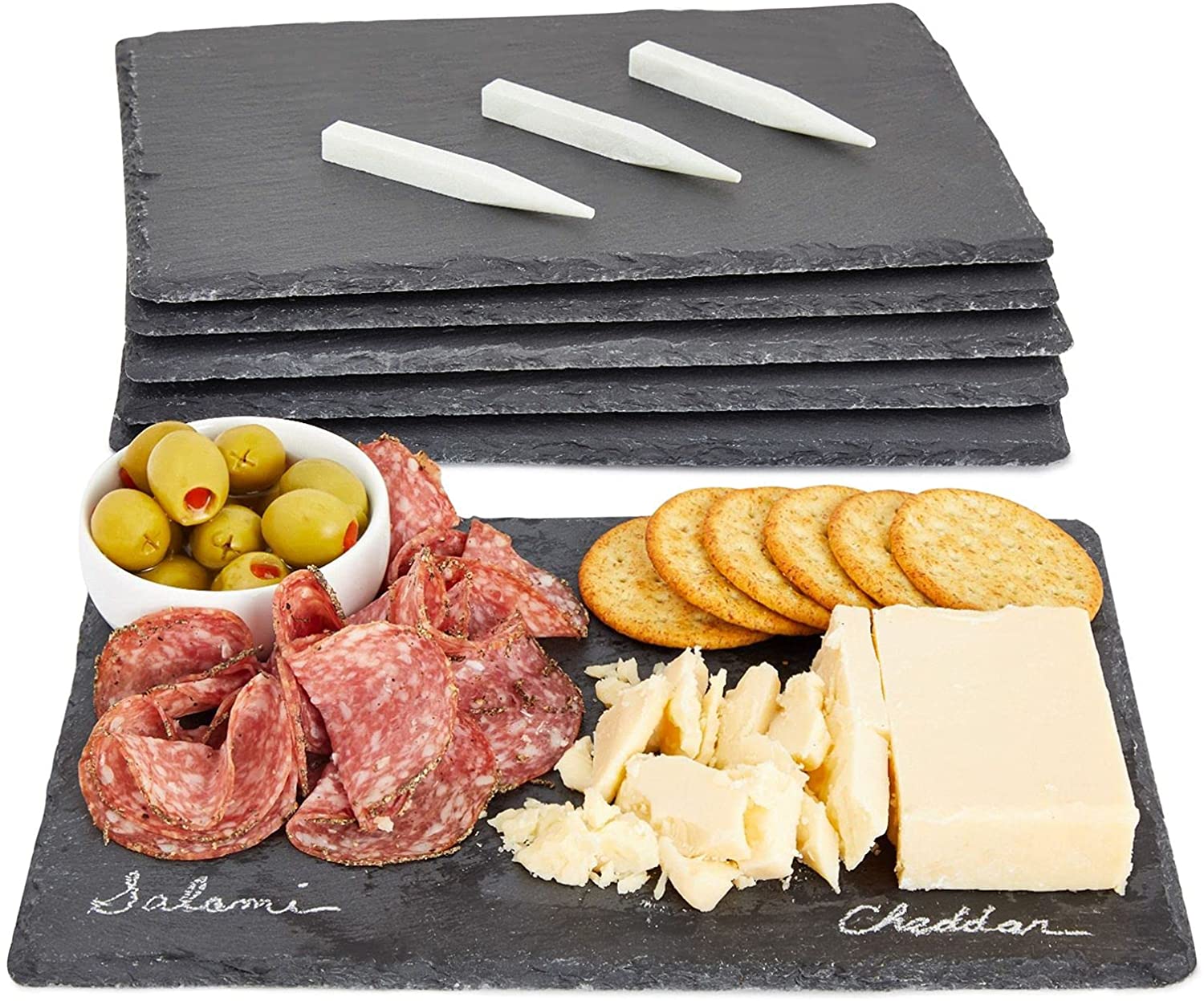 Price:$25.99  Cheese Boards, Black Charcuterie Stone Plates with Chalk for Parties, Appetizers, Meats (12x8 in, Set of 6): Cheese Plates