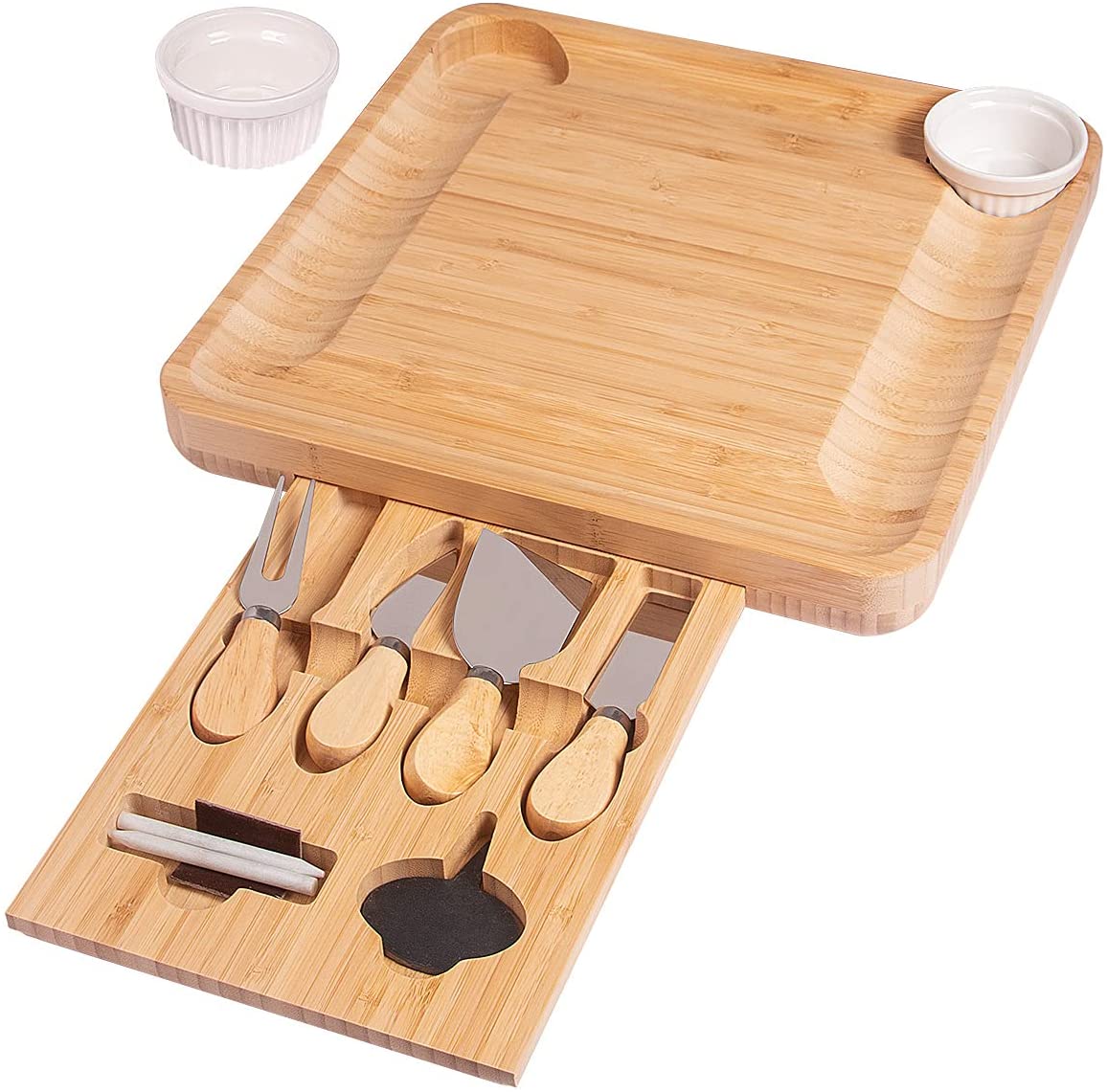 Price:$37.96  Cheese Board and Knife Set-Charcuterie Board Set with Cutlery in Slide-out Drawer-Cheese Cutting Board Serving Tray for Couple Wedding Housewarming Gift-Cheese Plates Picnic Accessories: Cheese Plates