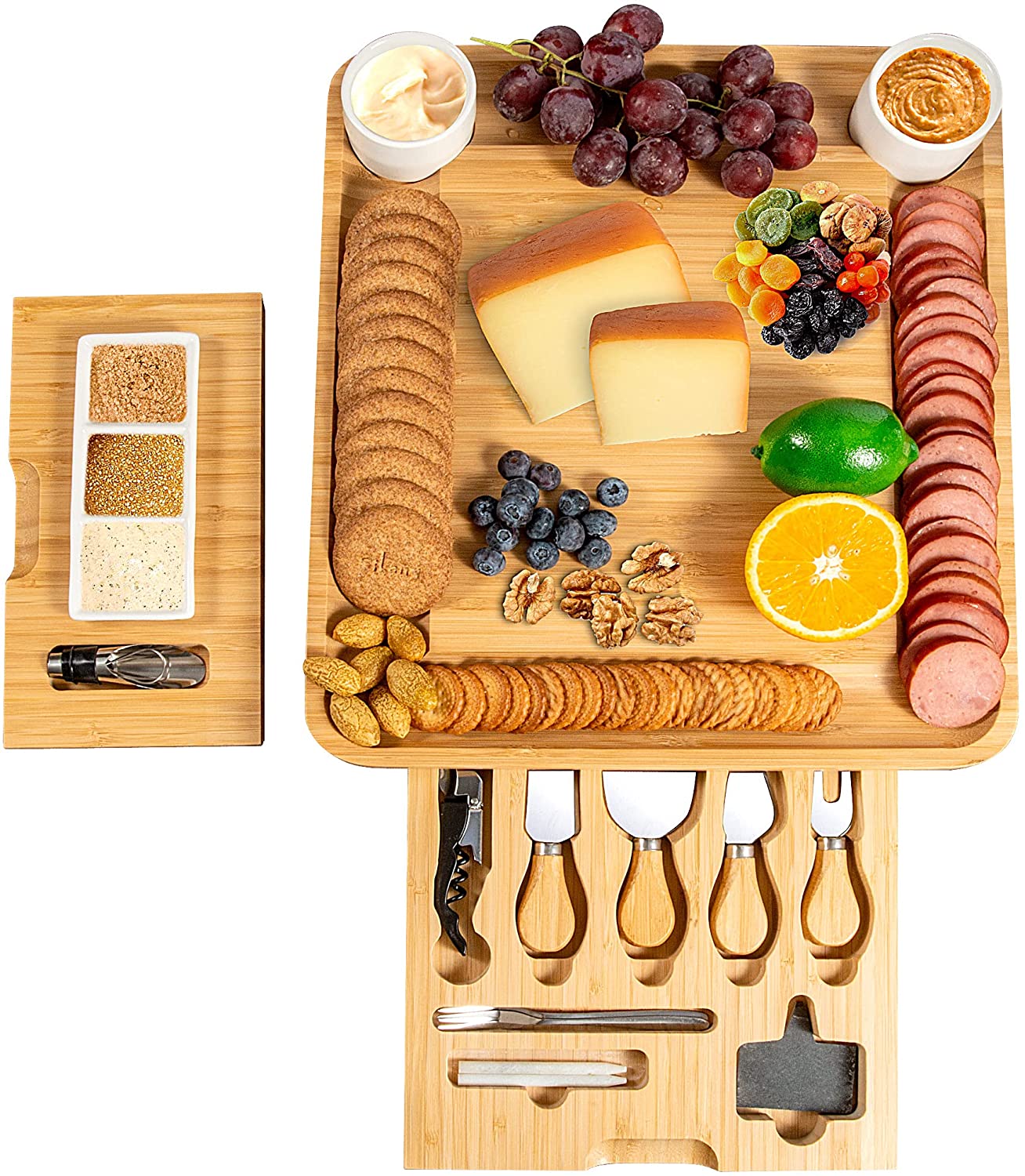 Price:$40.00  Cheese Board, Charcuterie Platter and Serving Tray With Stainless Steel Knife And 2 Removable Drawers, Ceramic bowls for Wine, Crackers, Brie and Meat Perfect Choice for House Warming Gift: Cheese Plates